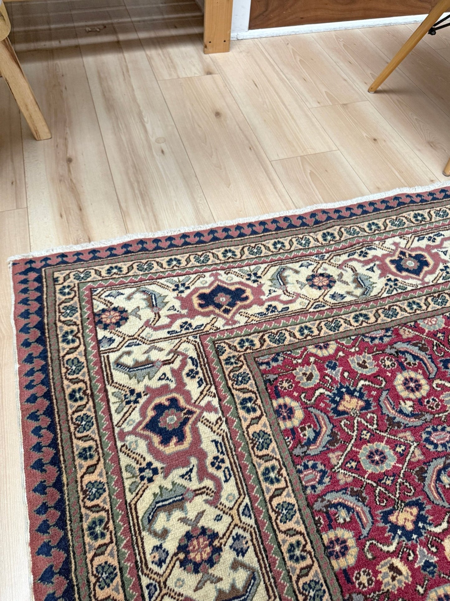 Vintage Turkish floral 8x10 rug with Caucasian design in ruby red, cream, and navy blue, perfect for living rooms, bedrooms, and dining rooms. Complements traditional, eclectic, bohemian, and classic home décor styles. From the best rug shop in Burlingame, SF Bay Area, with free shipping.