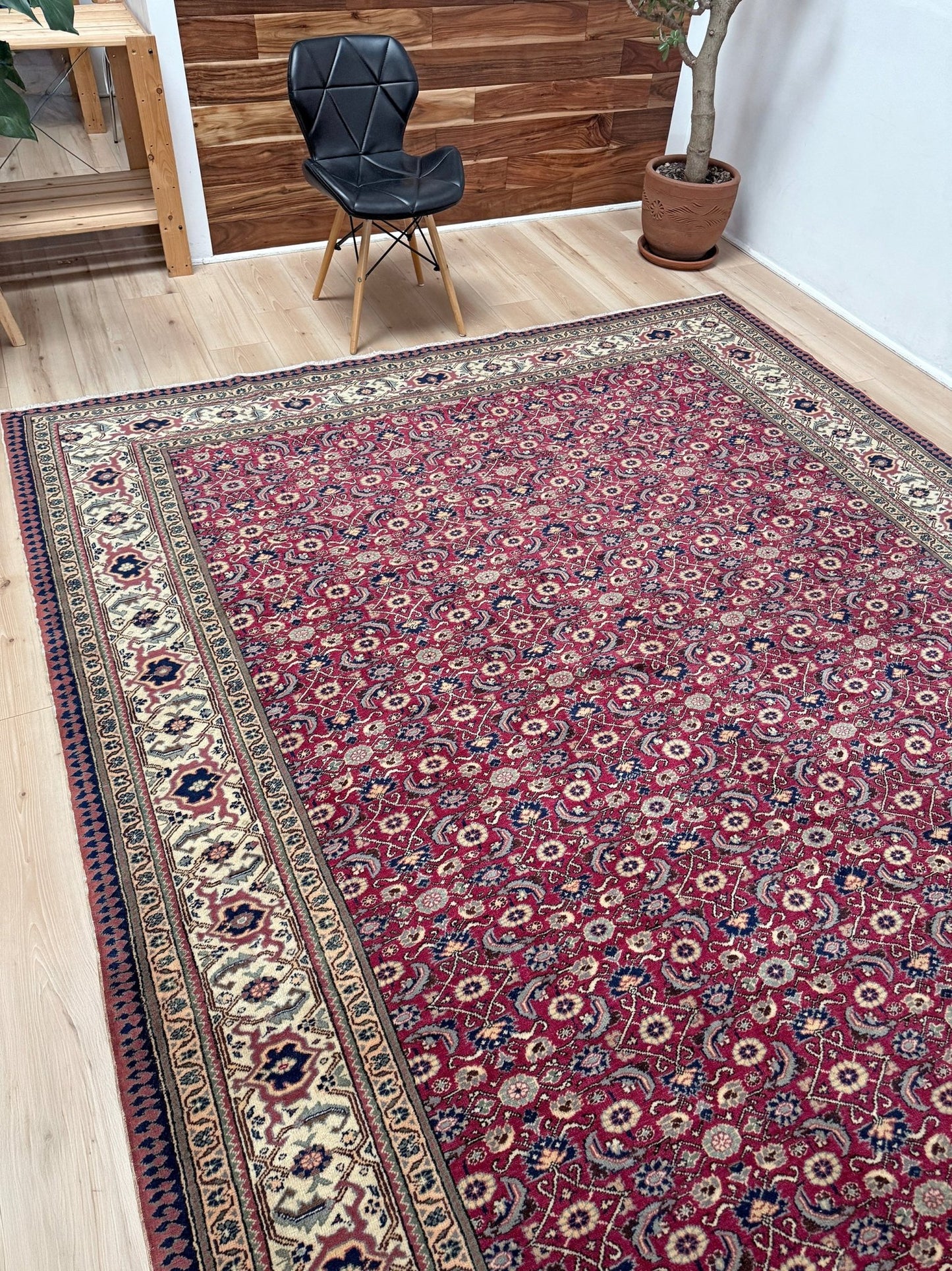 Vintage Turkish floral 8x10 rug with Caucasian design in ruby red, cream, and navy blue, perfect for living rooms, bedrooms, and dining rooms. Complements traditional, eclectic, bohemian, and classic home décor styles. From the best rug shop in Burlingame, SF Bay Area, with free shipping.