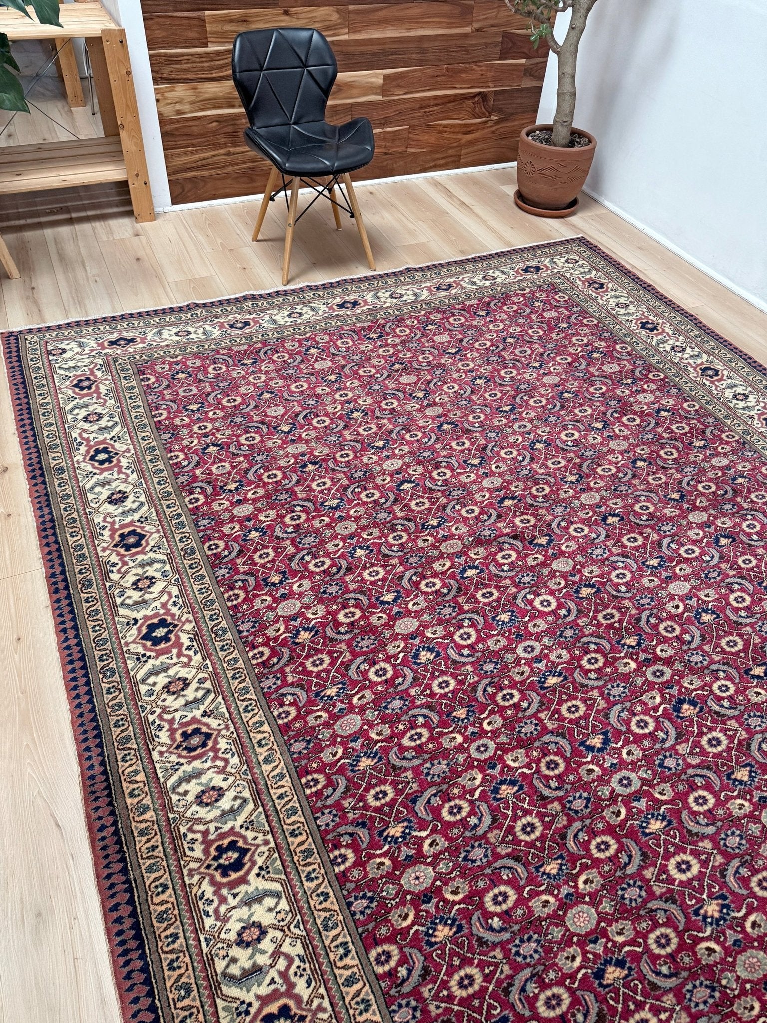 Vintage Turkish floral 8x10 rug with Caucasian design in ruby red, cream, and navy blue, perfect for living rooms, bedrooms, and dining rooms. Complements traditional, eclectic, bohemian, and classic home décor styles. From the best rug shop in Burlingame, SF Bay Area, with free shipping.