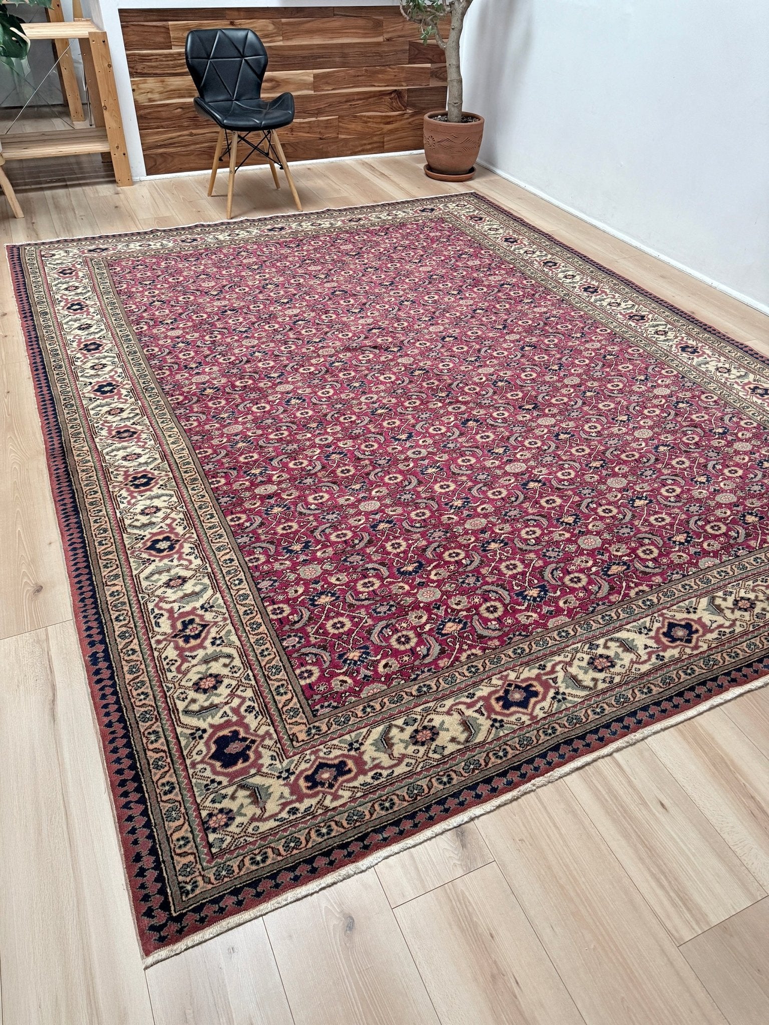 Vintage Turkish floral 8x10 rug with Caucasian design in ruby red, cream, and navy blue, perfect for living rooms, bedrooms, and dining rooms. Complements traditional, eclectic, bohemian, and classic home décor styles. From the best rug shop in Burlingame, SF Bay Area, with free shipping.