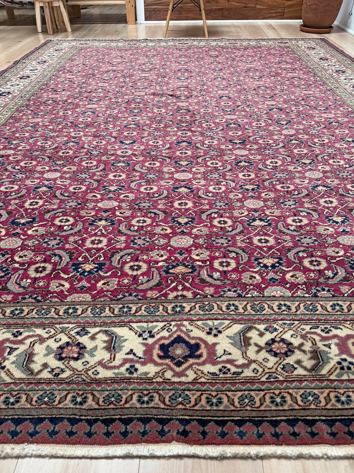 Vintage Turkish floral 8x10 rug with Caucasian design in ruby red, cream, and navy blue, perfect for living rooms, bedrooms, and dining rooms. Complements traditional, eclectic, bohemian, and classic home décor styles. From the best rug shop in Burlingame, SF Bay Area, with free shipping.