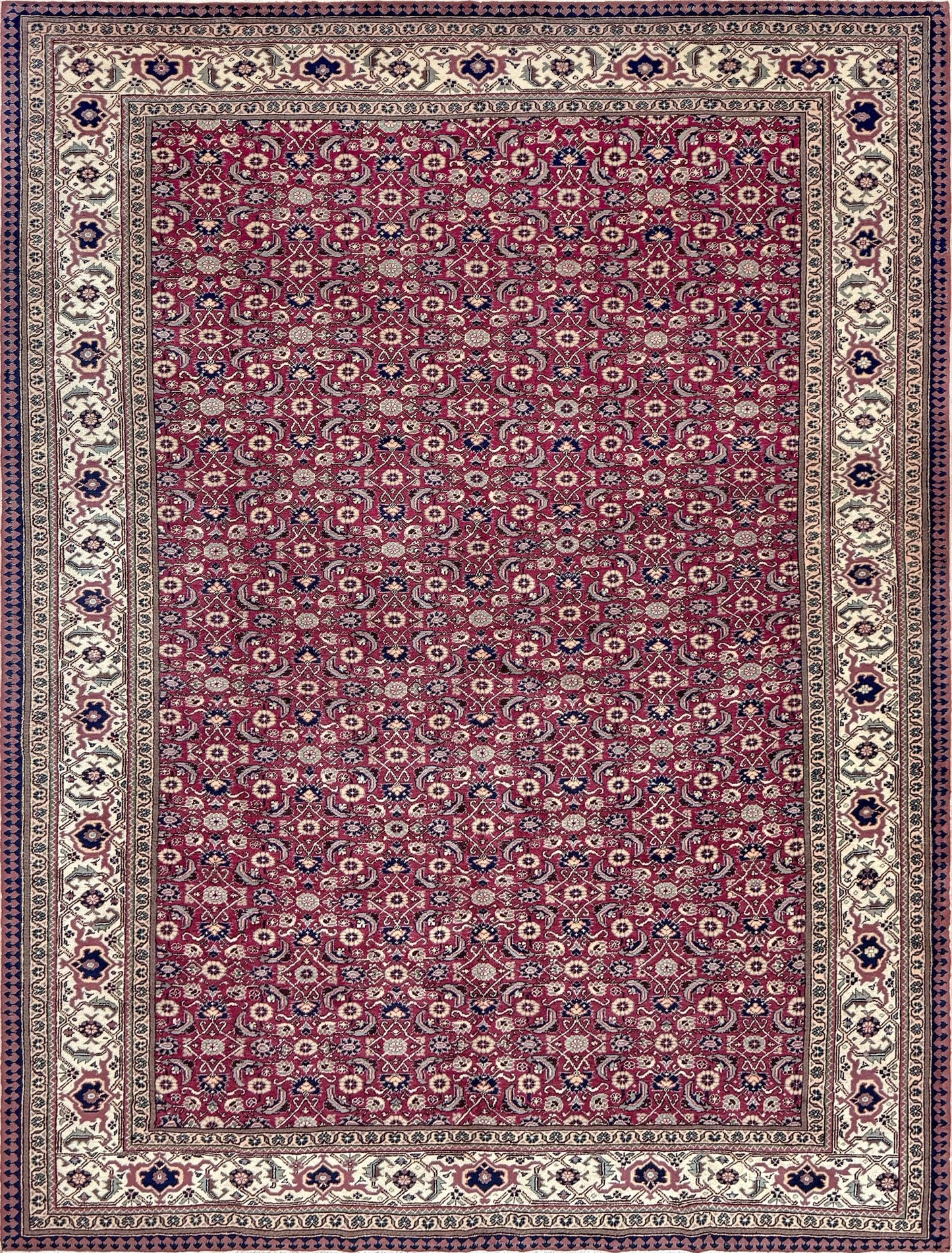 Vintage Turkish floral 8x10 rug with Caucasian design in ruby red, cream, and navy blue, perfect for living rooms, bedrooms, and dining rooms. Complements traditional, eclectic, bohemian, and classic home décor styles. From the best rug shop in Burlingame, SF Bay Area, with free shipping.