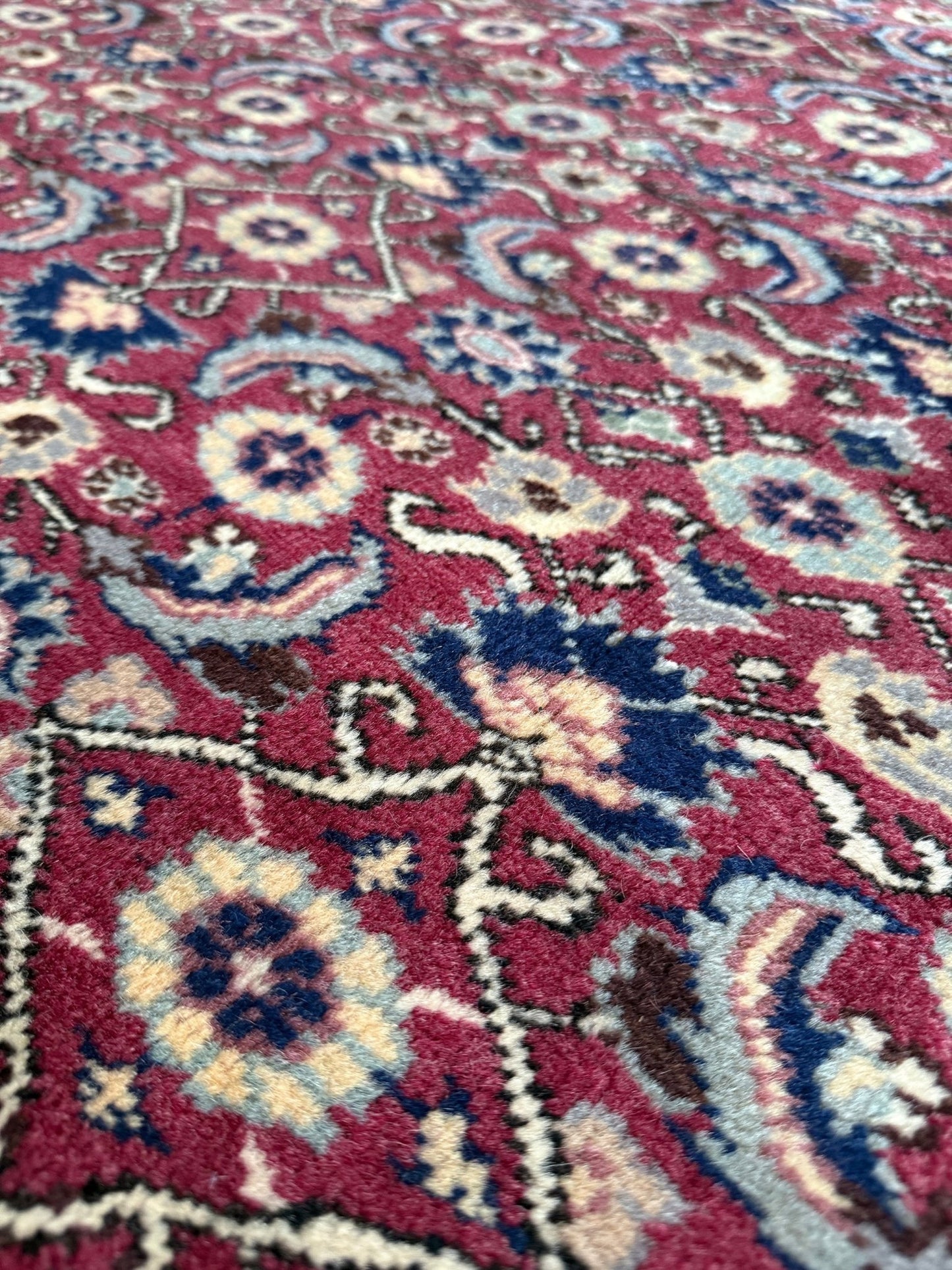Vintage Turkish floral 8x10 rug with Caucasian design in ruby red, cream, and navy blue, perfect for living rooms, bedrooms, and dining rooms. Complements traditional, eclectic, bohemian, and classic home décor styles. From the best rug shop in Burlingame, SF Bay Area, with free shipping.