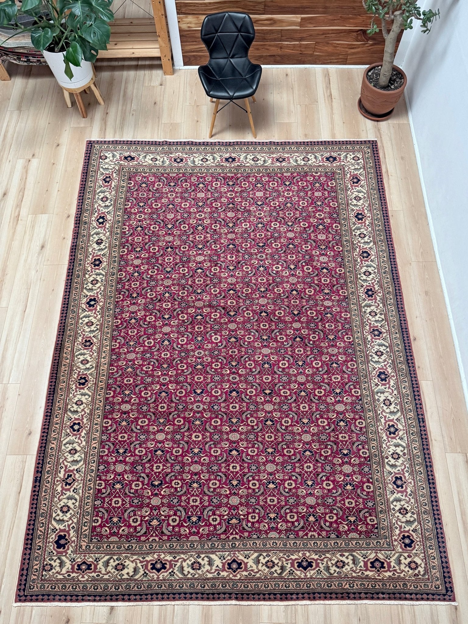 Vintage Turkish floral 8x10 rug with Caucasian design in ruby red, cream, and navy blue, perfect for living rooms, bedrooms, and dining rooms. Complements traditional, eclectic, bohemian, and classic home décor styles. From the best rug shop in Burlingame, SF Bay Area, with free shipping.