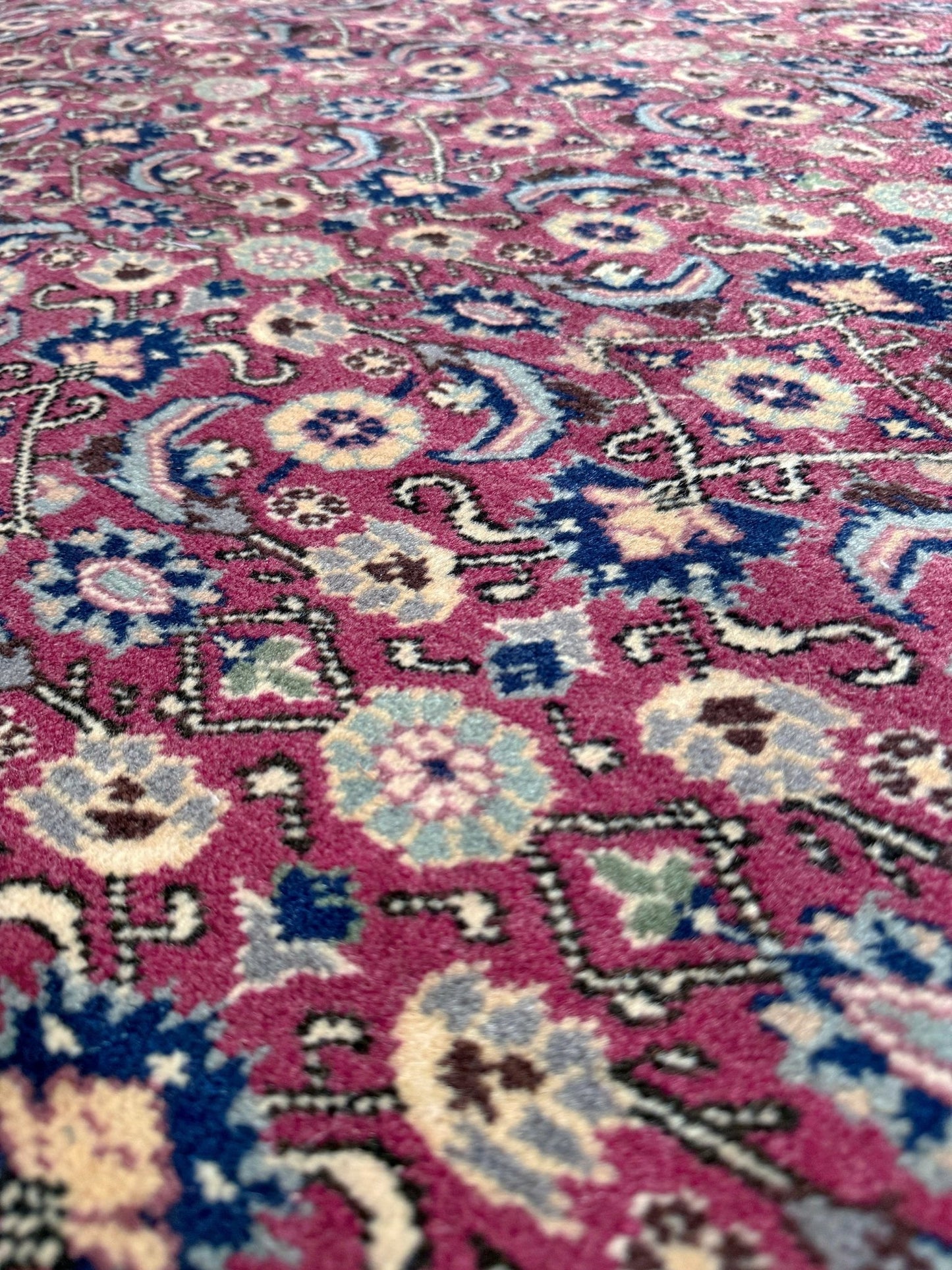 Vintage Turkish floral 8x10 rug with Caucasian design in ruby red, cream, and navy blue, perfect for living rooms, bedrooms, and dining rooms. Complements traditional, eclectic, bohemian, and classic home décor styles. From the best rug shop in Burlingame, SF Bay Area, with free shipping.