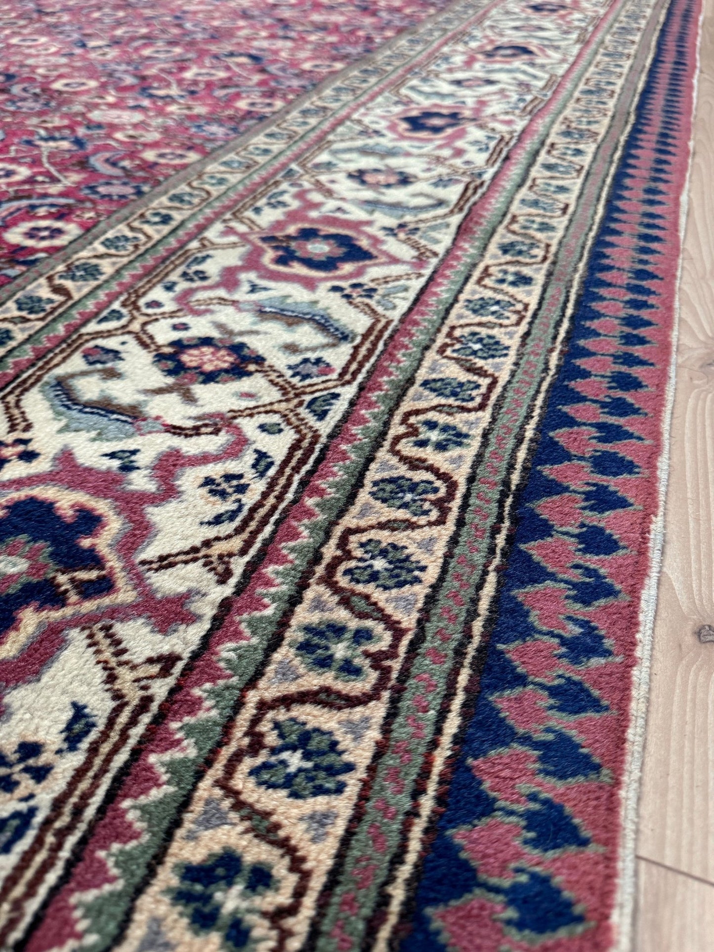 Vintage Turkish floral 8x10 rug with Caucasian design in ruby red, cream, and navy blue, perfect for living rooms, bedrooms, and dining rooms. Complements traditional, eclectic, bohemian, and classic home décor styles. From the best rug shop in Burlingame, SF Bay Area, with free shipping.