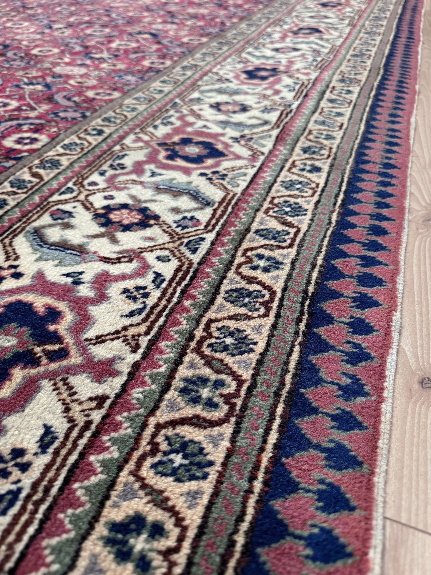 Vintage Turkish floral 8x10 rug with Caucasian design in ruby red, cream, and navy blue, perfect for living rooms, bedrooms, and dining rooms. Complements traditional, eclectic, bohemian, and classic home décor styles. From the best rug shop in Burlingame, SF Bay Area, with free shipping.