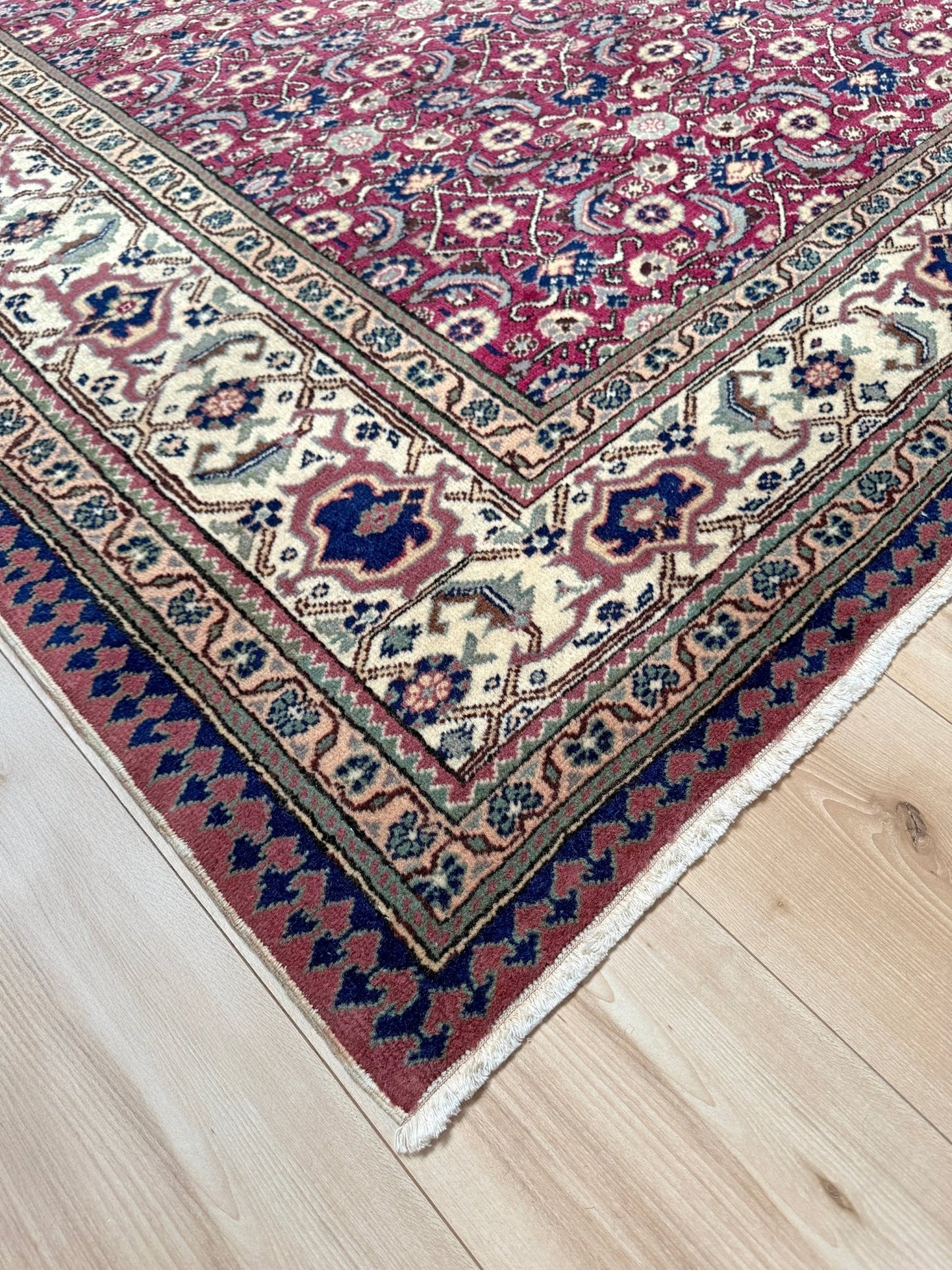 Vintage Turkish floral 8x10 rug with Caucasian design in ruby red, cream, and navy blue, perfect for living rooms, bedrooms, and dining rooms. Complements traditional, eclectic, bohemian, and classic home décor styles. From the best rug shop in Burlingame, SF Bay Area, with free shipping.