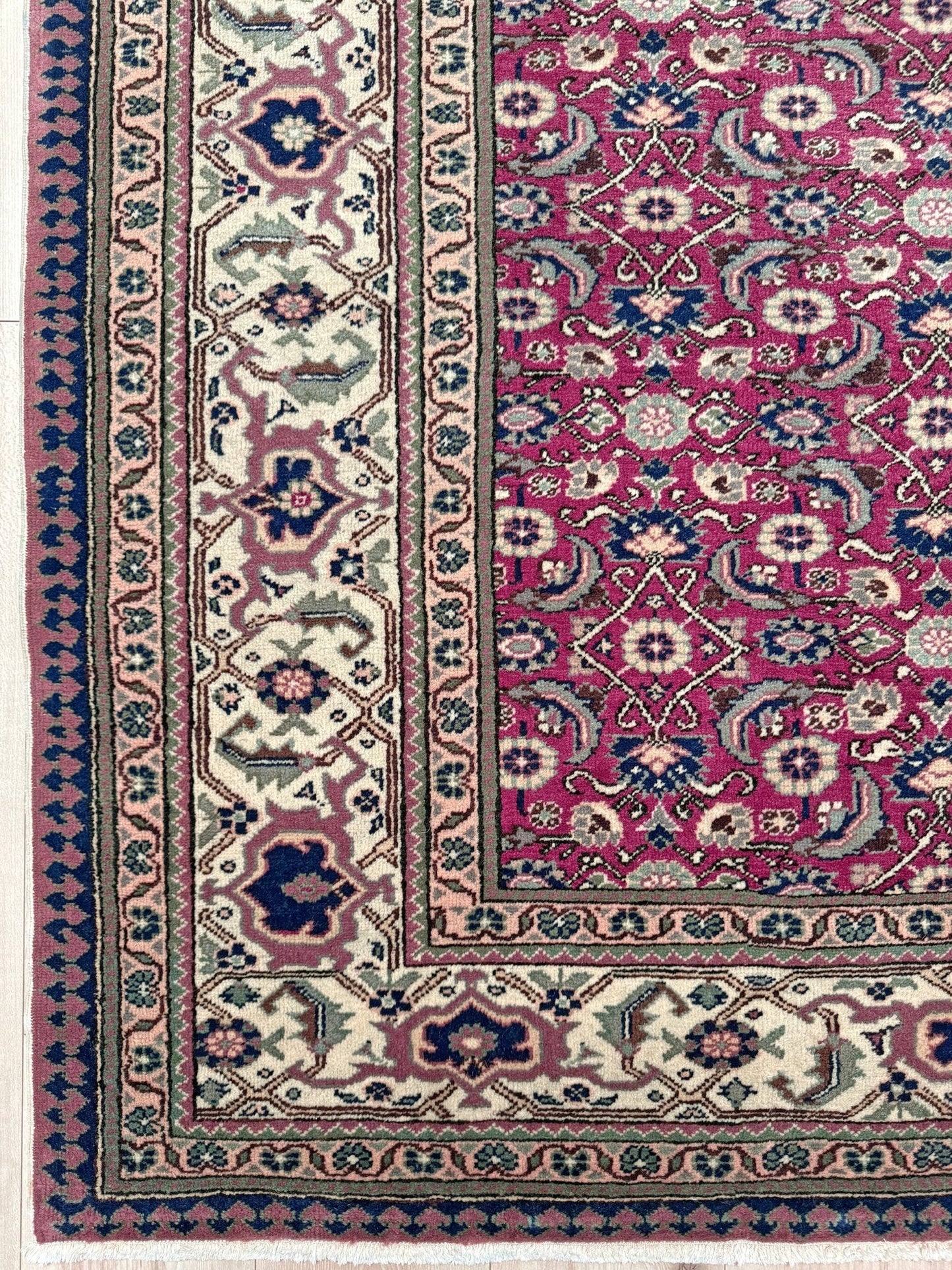 Vintage Turkish floral 8x10 rug with Caucasian design in ruby red, cream, and navy blue, perfect for living rooms, bedrooms, and dining rooms. Complements traditional, eclectic, bohemian, and classic home décor styles. From the best rug shop in Burlingame, SF Bay Area, with free shipping.