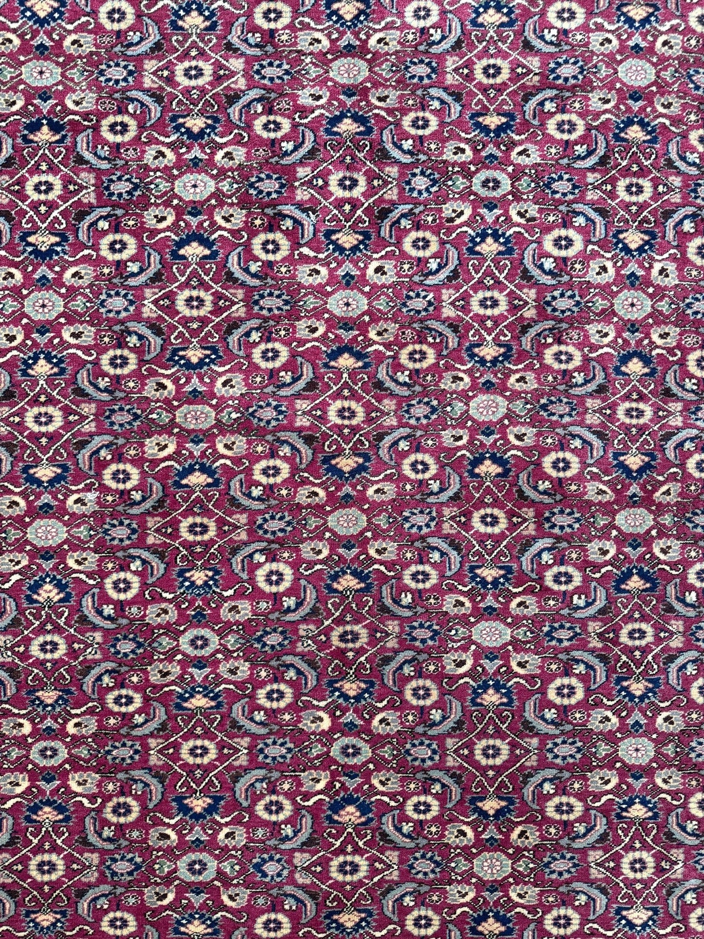 Vintage Turkish floral 8x10 rug with Caucasian design in ruby red, cream, and navy blue, perfect for living rooms, bedrooms, and dining rooms. Complements traditional, eclectic, bohemian, and classic home décor styles. From the best rug shop in Burlingame, SF Bay Area, with free shipping.