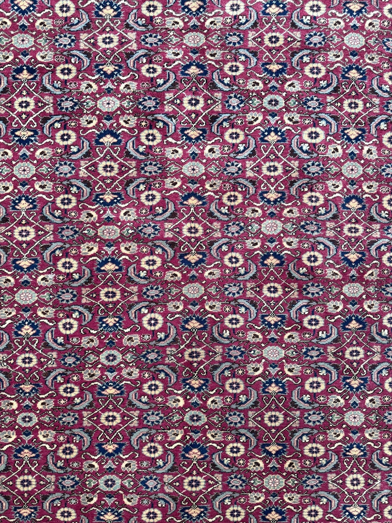 Vintage Turkish floral 8x10 rug with Caucasian design in ruby red, cream, and navy blue, perfect for living rooms, bedrooms, and dining rooms. Complements traditional, eclectic, bohemian, and classic home décor styles. From the best rug shop in Burlingame, SF Bay Area, with free shipping.