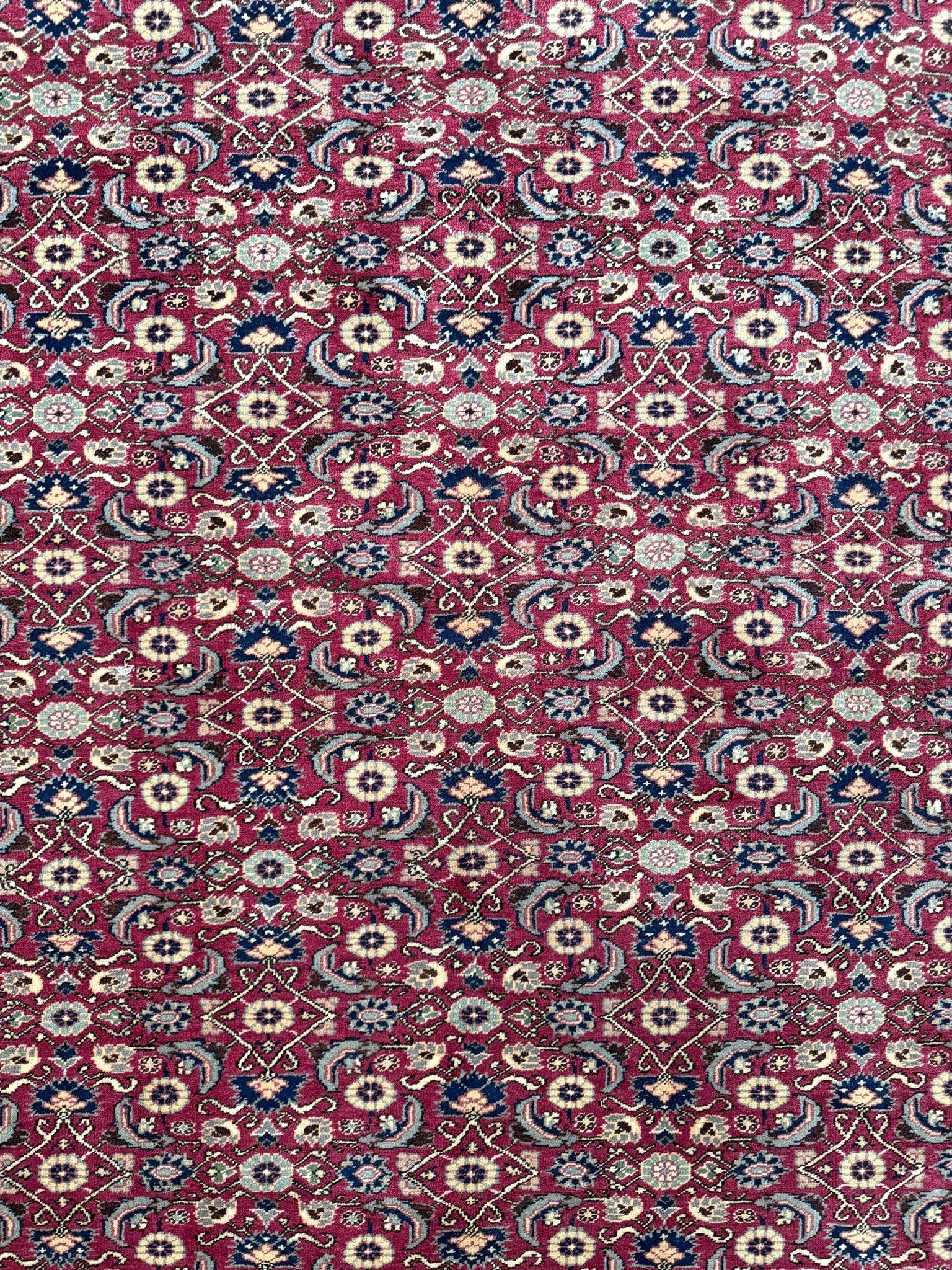 Vintage Turkish floral 8x10 rug with Caucasian design in ruby red, cream, and navy blue, perfect for living rooms, bedrooms, and dining rooms. Complements traditional, eclectic, bohemian, and classic home décor styles. From the best rug shop in Burlingame, SF Bay Area, with free shipping.