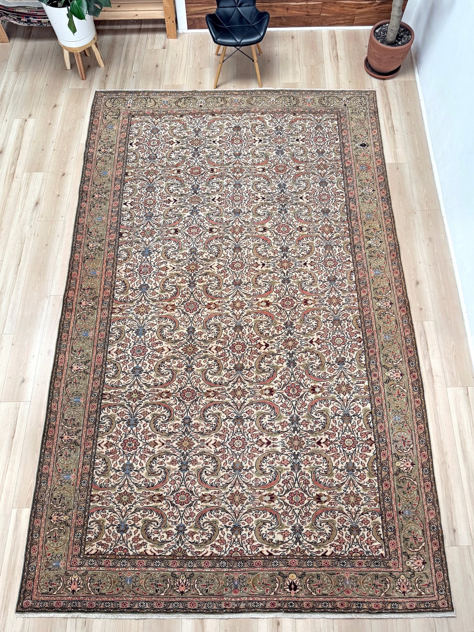 Vintage Turkish floral 8x11 rug with intricate allover design in ivory, terracotta, and gold tones, perfect for living room, bedroom, or dining room décor. Elegant yet versatile, this rug complements traditional, classic, and eclectic home styles. Handmade with timeless craftsmanship, it adds warmth and sophistication to any space. Available from the best rug shop in Burlingame, SF Bay Area with free shipping.