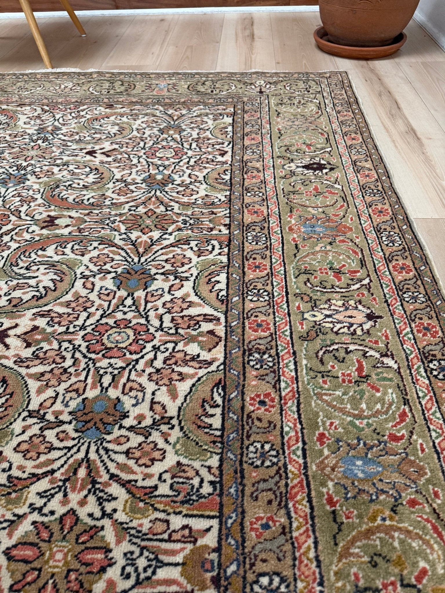 Vintage Turkish floral 8x11 rug with intricate allover design in ivory, terracotta, and gold tones, perfect for living room, bedroom, or dining room décor. Elegant yet versatile, this rug complements traditional, classic, and eclectic home styles. Handmade with timeless craftsmanship, it adds warmth and sophistication to any space. Available from the best rug shop in Burlingame, SF Bay Area with free shipping.