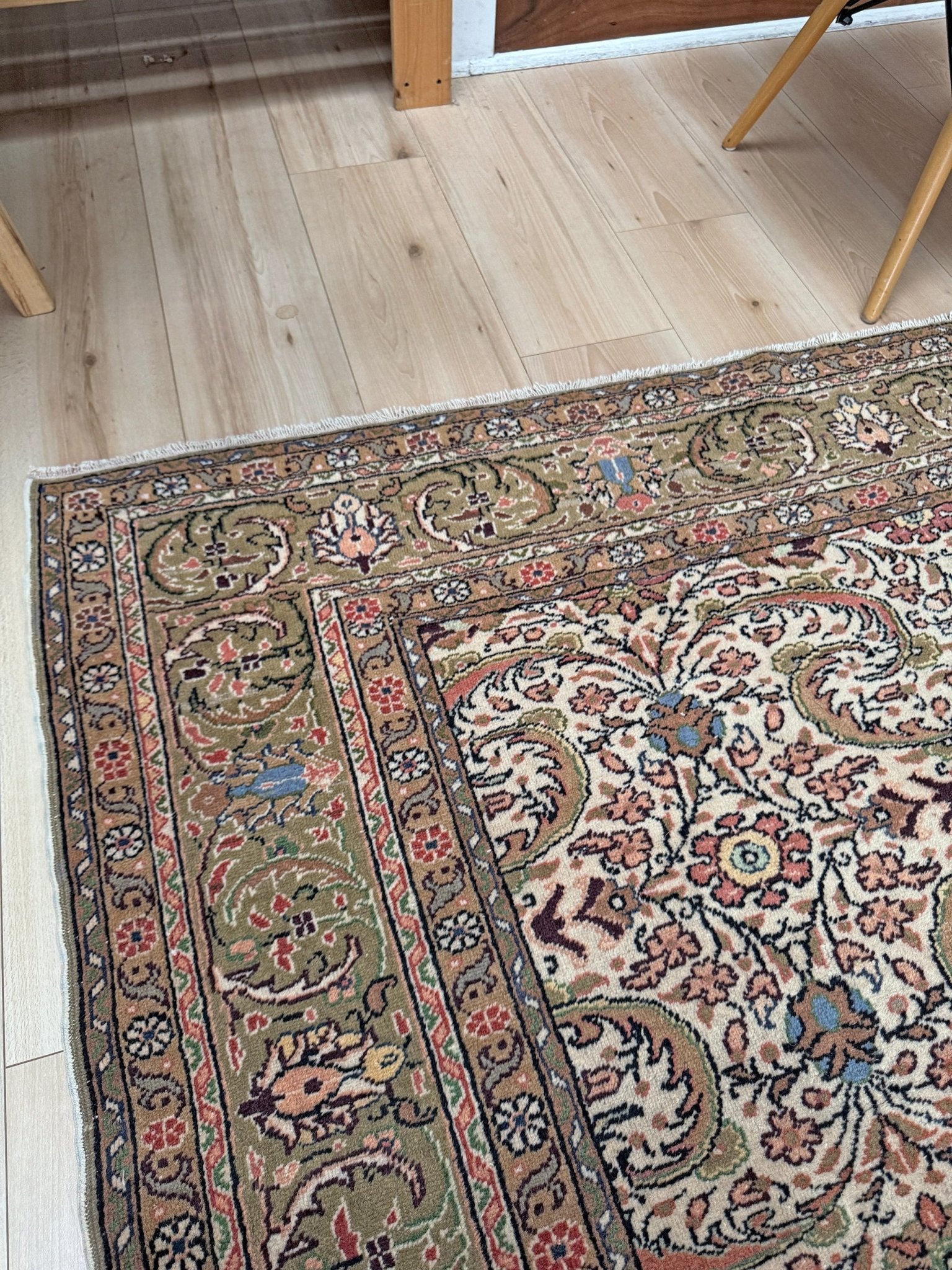 Vintage Turkish floral 8x11 rug with intricate allover design in ivory, terracotta, and gold tones, perfect for living room, bedroom, or dining room décor. Elegant yet versatile, this rug complements traditional, classic, and eclectic home styles. Handmade with timeless craftsmanship, it adds warmth and sophistication to any space. Available from the best rug shop in Burlingame, SF Bay Area with free shipping.