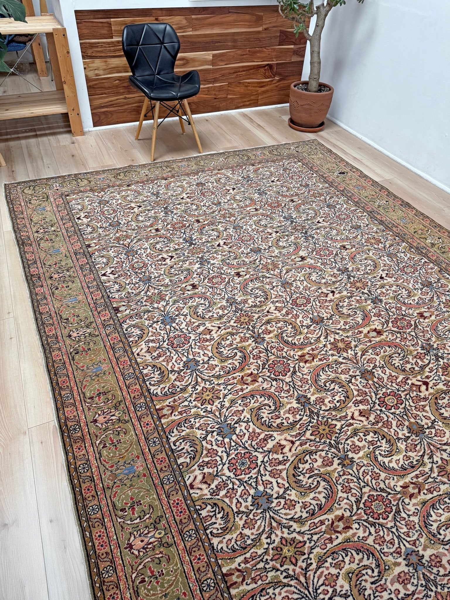 Vintage Turkish floral 8x11 rug with intricate allover design in ivory, terracotta, and gold tones, perfect for living room, bedroom, or dining room décor. Elegant yet versatile, this rug complements traditional, classic, and eclectic home styles. Handmade with timeless craftsmanship, it adds warmth and sophistication to any space. Available from the best rug shop in Burlingame, SF Bay Area with free shipping.