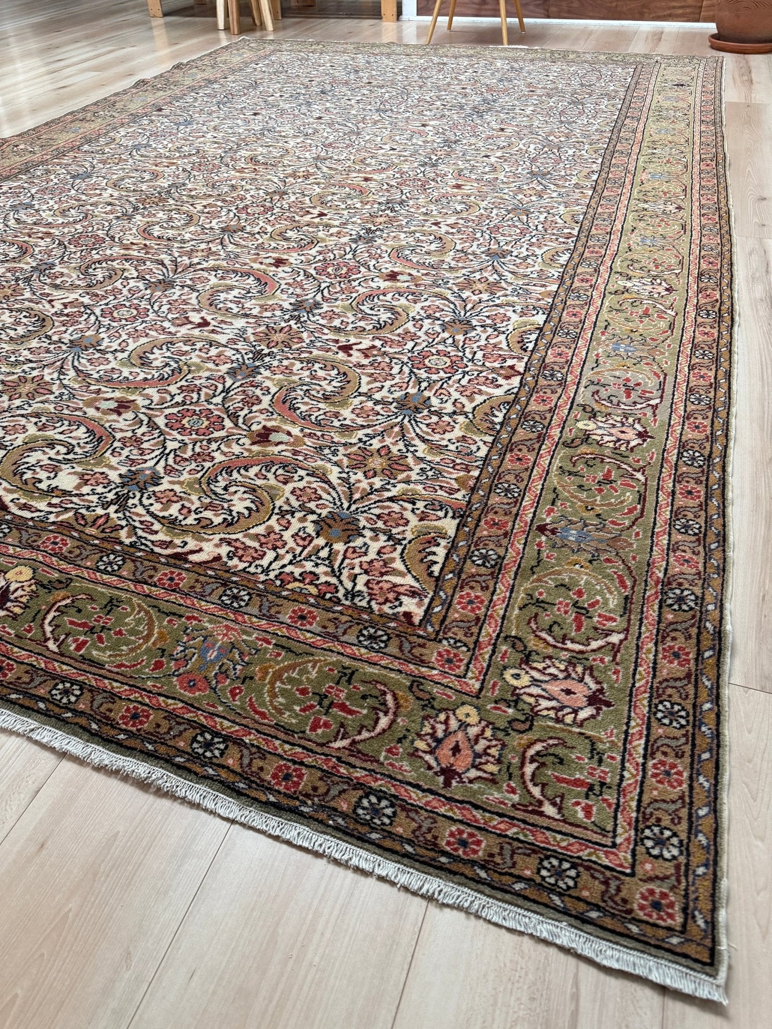 Vintage Turkish floral 8x11 rug with intricate allover design in ivory, terracotta, and gold tones, perfect for living room, bedroom, or dining room décor. Elegant yet versatile, this rug complements traditional, classic, and eclectic home styles. Handmade with timeless craftsmanship, it adds warmth and sophistication to any space. Available from the best rug shop in Burlingame, SF Bay Area with free shipping.