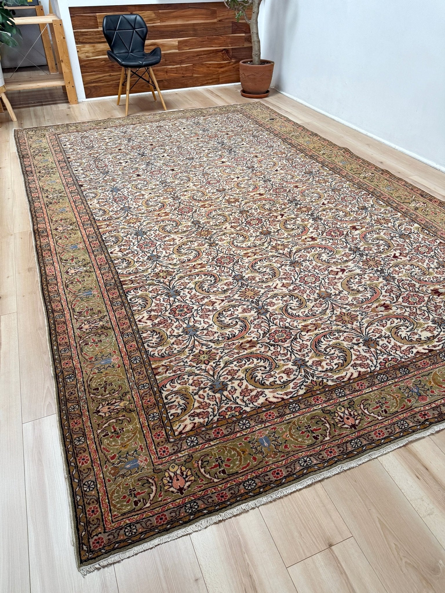 Vintage Turkish floral 8x11 rug with intricate allover design in ivory, terracotta, and gold tones, perfect for living room, bedroom, or dining room décor. Elegant yet versatile, this rug complements traditional, classic, and eclectic home styles. Handmade with timeless craftsmanship, it adds warmth and sophistication to any space. Available from the best rug shop in Burlingame, SF Bay Area with free shipping.