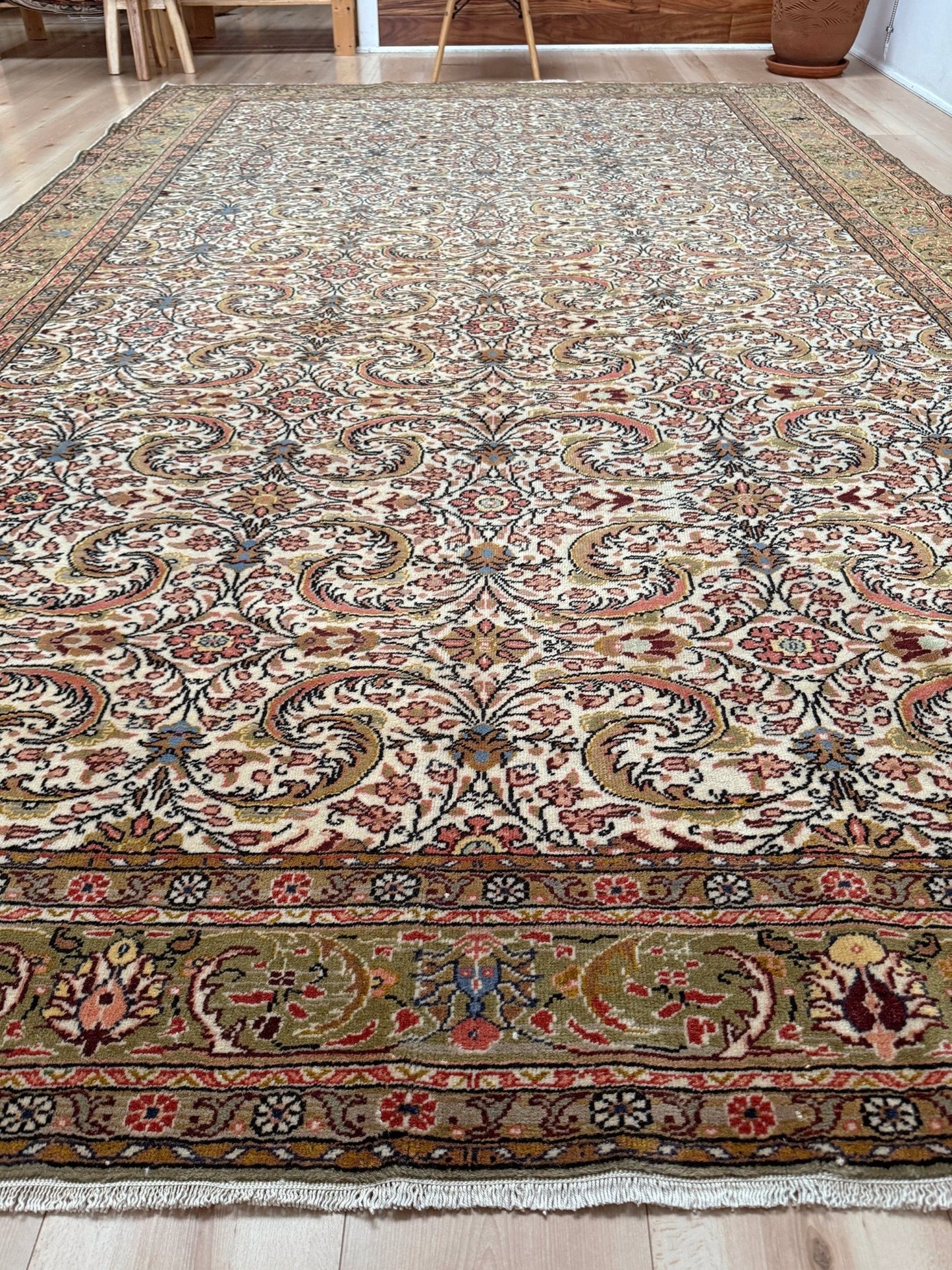 Vintage Turkish floral 8x11 rug with intricate allover design in ivory, terracotta, and gold tones, perfect for living room, bedroom, or dining room décor. Elegant yet versatile, this rug complements traditional, classic, and eclectic home styles. Handmade with timeless craftsmanship, it adds warmth and sophistication to any space. Available from the best rug shop in Burlingame, SF Bay Area with free shipping.