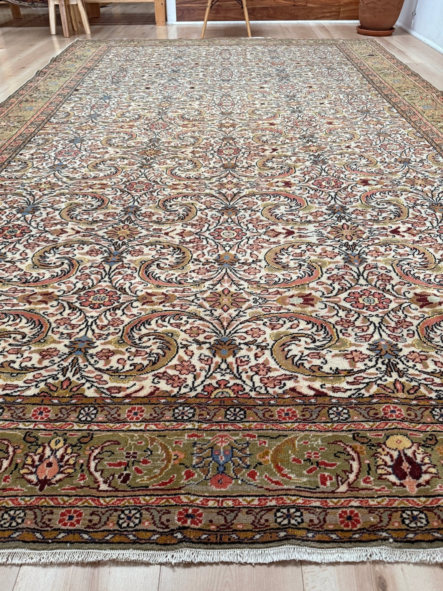 Vintage Turkish floral 8x11 rug with intricate allover design in ivory, terracotta, and gold tones, perfect for living room, bedroom, or dining room décor. Elegant yet versatile, this rug complements traditional, classic, and eclectic home styles. Handmade with timeless craftsmanship, it adds warmth and sophistication to any space. Available from the best rug shop in Burlingame, SF Bay Area with free shipping.