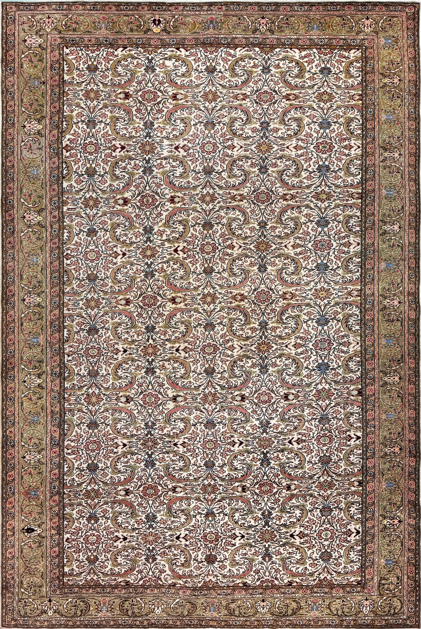 Vintage Turkish floral 8x11 rug with intricate allover design in ivory, terracotta, and gold tones, perfect for living room, bedroom, or dining room décor. Elegant yet versatile, this rug complements traditional, classic, and eclectic home styles. Handmade with timeless craftsmanship, it adds warmth and sophistication to any space. Available from the best rug shop in Burlingame, SF Bay Area with free shipping.