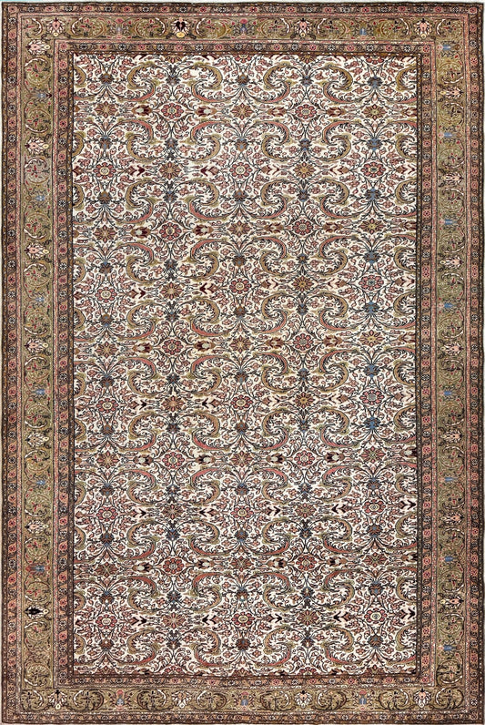Vintage Turkish floral 8x11 rug with intricate allover design in ivory, terracotta, and gold tones, perfect for living room, bedroom, or dining room décor. Elegant yet versatile, this rug complements traditional, classic, and eclectic home styles. Handmade with timeless craftsmanship, it adds warmth and sophistication to any space. Available from the best rug shop in Burlingame, SF Bay Area with free shipping.