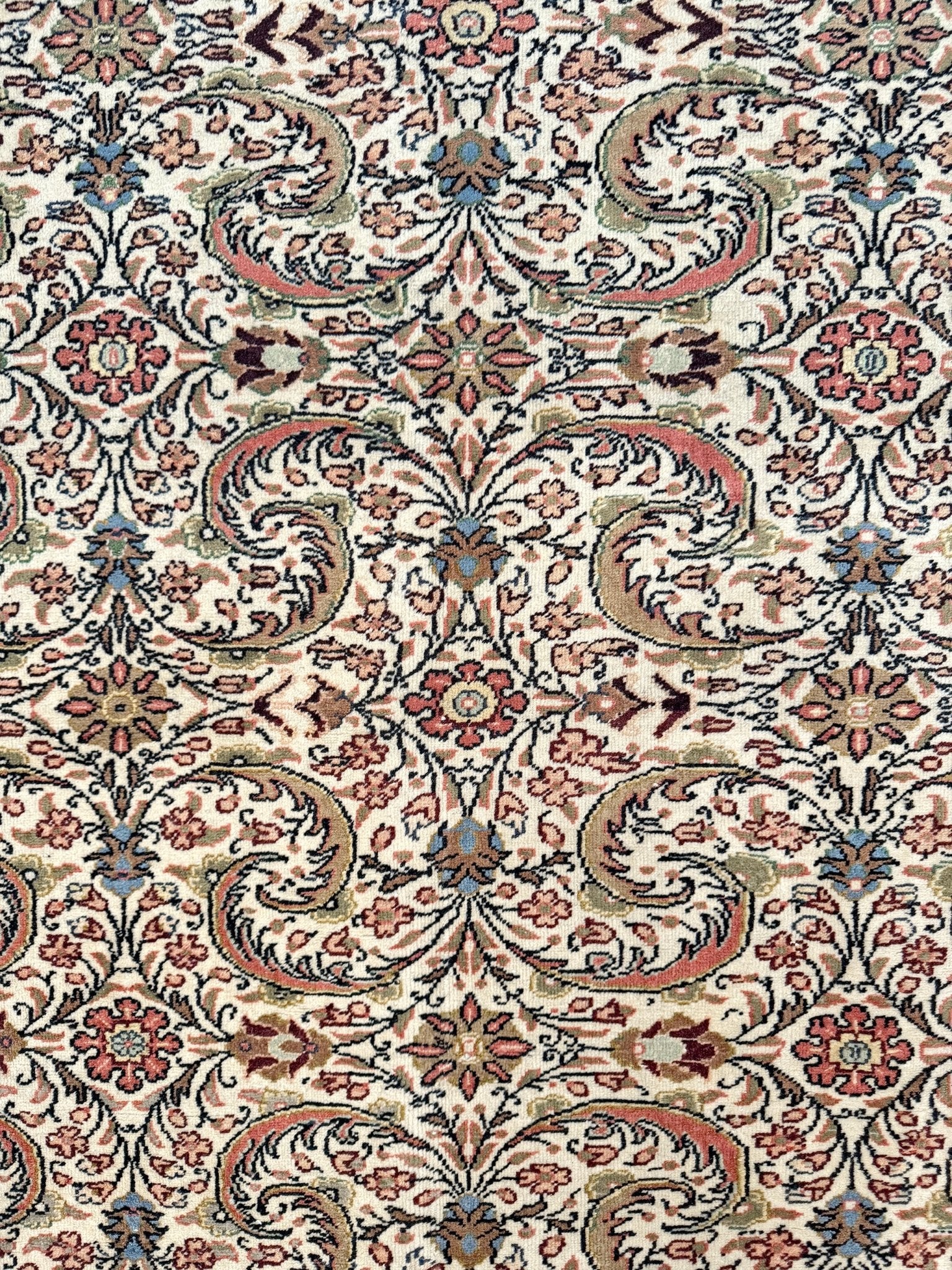 Vintage Turkish floral 8x11 rug with intricate allover design in ivory, terracotta, and gold tones, perfect for living room, bedroom, or dining room décor. Elegant yet versatile, this rug complements traditional, classic, and eclectic home styles. Handmade with timeless craftsmanship, it adds warmth and sophistication to any space. Available from the best rug shop in Burlingame, SF Bay Area with free shipping.