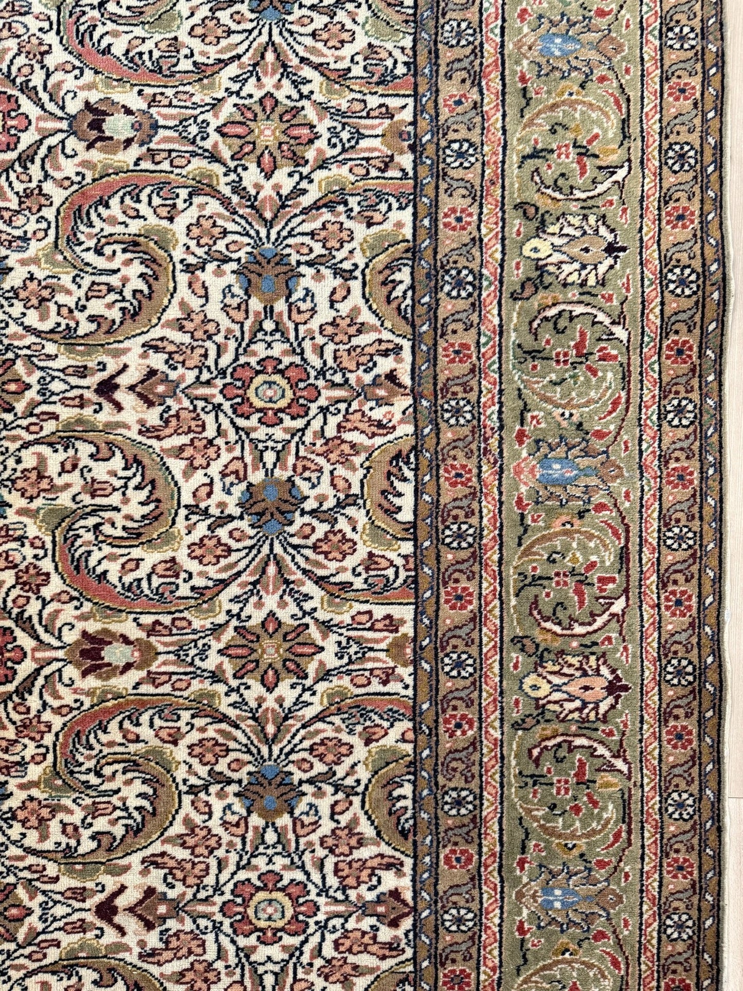 Vintage Turkish floral 8x11 rug with intricate allover design in ivory, terracotta, and gold tones, perfect for living room, bedroom, or dining room décor. Elegant yet versatile, this rug complements traditional, classic, and eclectic home styles. Handmade with timeless craftsmanship, it adds warmth and sophistication to any space. Available from the best rug shop in Burlingame, SF Bay Area with free shipping.