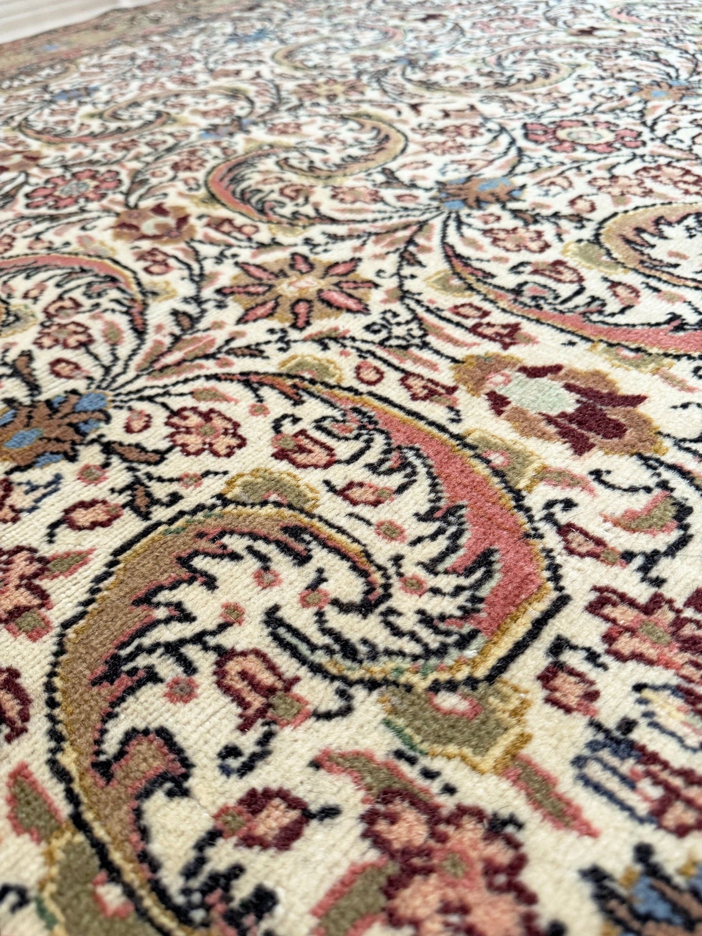 Vintage Turkish floral 8x11 rug with intricate allover design in ivory, terracotta, and gold tones, perfect for living room, bedroom, or dining room décor. Elegant yet versatile, this rug complements traditional, classic, and eclectic home styles. Handmade with timeless craftsmanship, it adds warmth and sophistication to any space. Available from the best rug shop in Burlingame, SF Bay Area with free shipping.