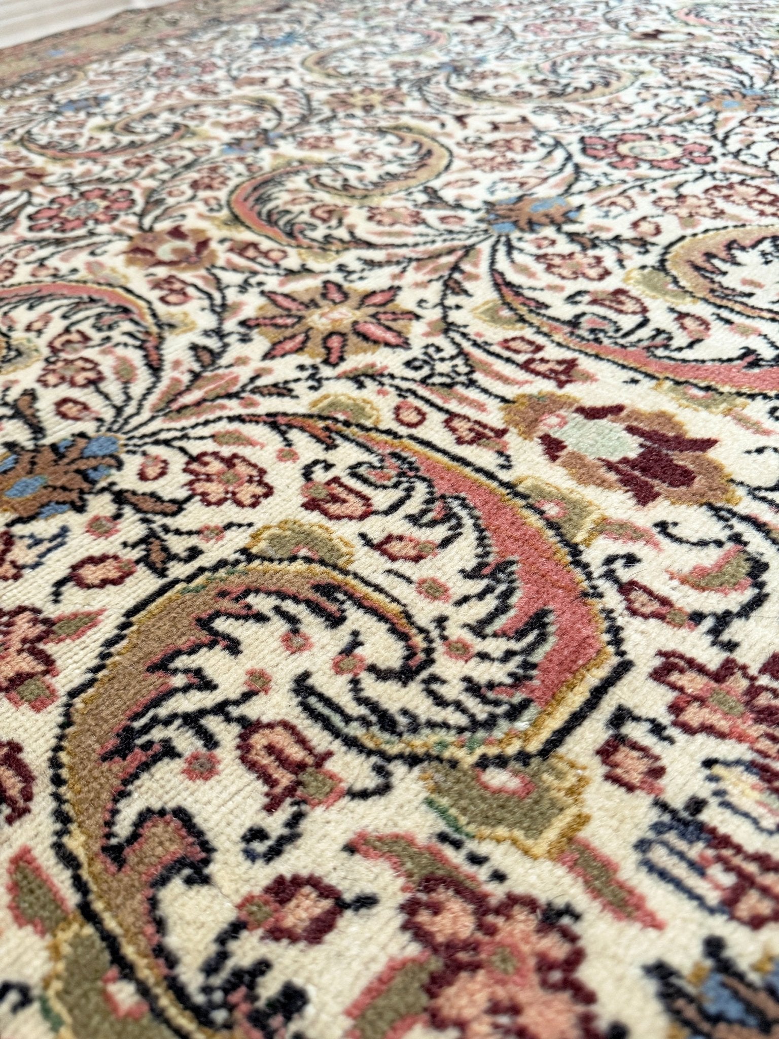 Vintage Turkish floral 8x11 rug with intricate allover design in ivory, terracotta, and gold tones, perfect for living room, bedroom, or dining room décor. Elegant yet versatile, this rug complements traditional, classic, and eclectic home styles. Handmade with timeless craftsmanship, it adds warmth and sophistication to any space. Available from the best rug shop in Burlingame, SF Bay Area with free shipping.