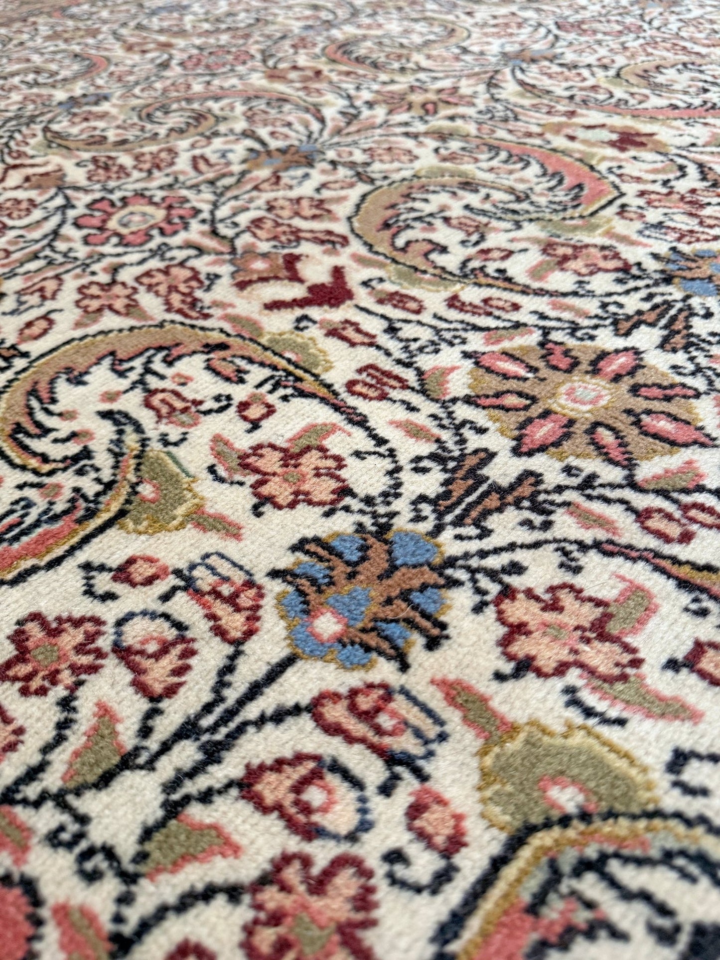Vintage Turkish floral 8x11 rug with intricate allover design in ivory, terracotta, and gold tones, perfect for living room, bedroom, or dining room décor. Elegant yet versatile, this rug complements traditional, classic, and eclectic home styles. Handmade with timeless craftsmanship, it adds warmth and sophistication to any space. Available from the best rug shop in Burlingame, SF Bay Area with free shipping.