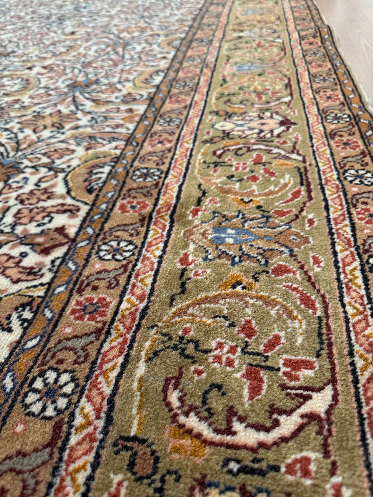 Vintage Turkish floral 8x11 rug with intricate allover design in ivory, terracotta, and gold tones, perfect for living room, bedroom, or dining room décor. Elegant yet versatile, this rug complements traditional, classic, and eclectic home styles. Handmade with timeless craftsmanship, it adds warmth and sophistication to any space. Available from the best rug shop in Burlingame, SF Bay Area with free shipping.