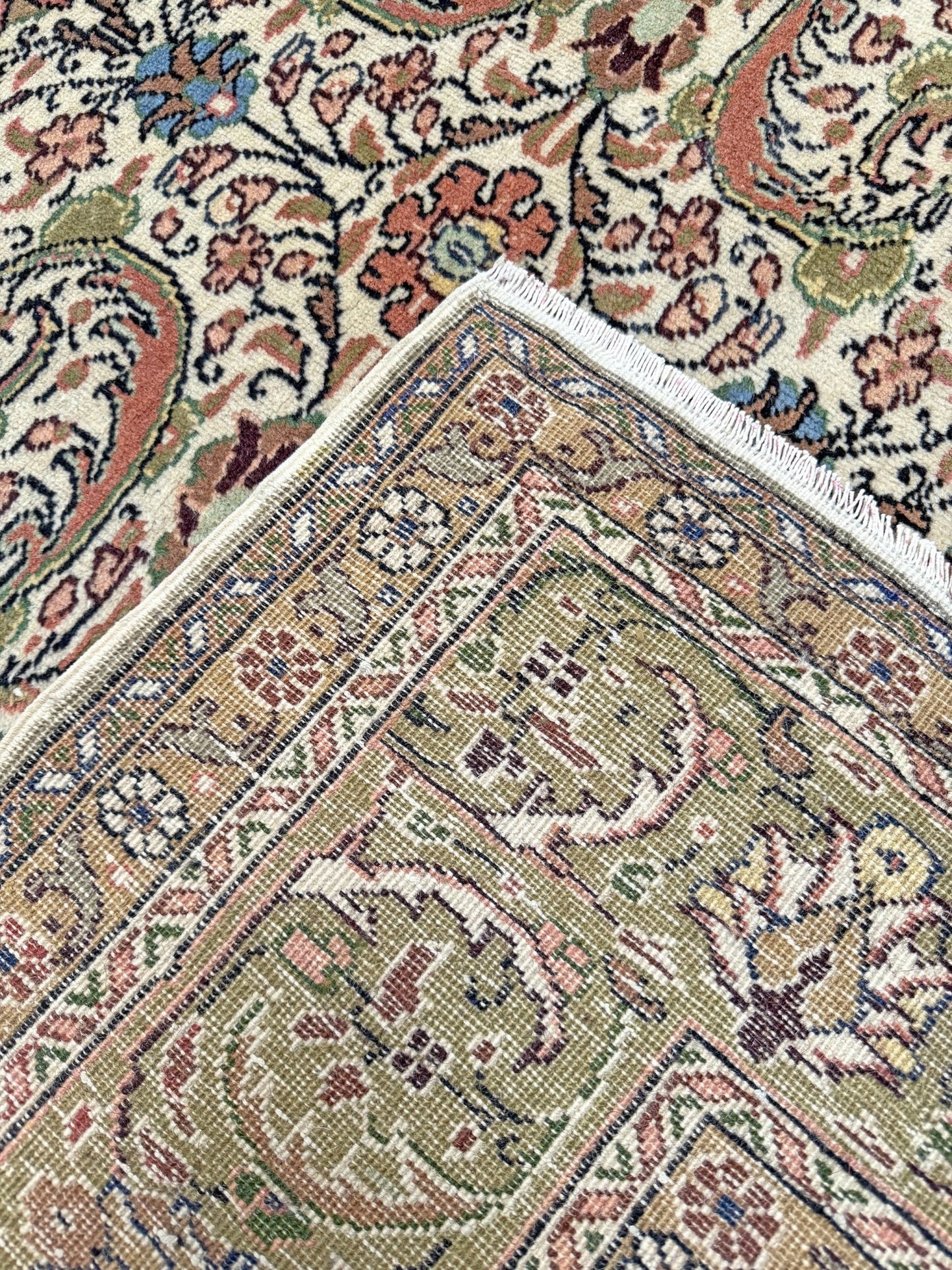 Vintage Turkish floral 8x11 rug with intricate allover design in ivory, terracotta, and gold tones, perfect for living room, bedroom, or dining room décor. Elegant yet versatile, this rug complements traditional, classic, and eclectic home styles. Handmade with timeless craftsmanship, it adds warmth and sophistication to any space. Available from the best rug shop in Burlingame, SF Bay Area with free shipping.
