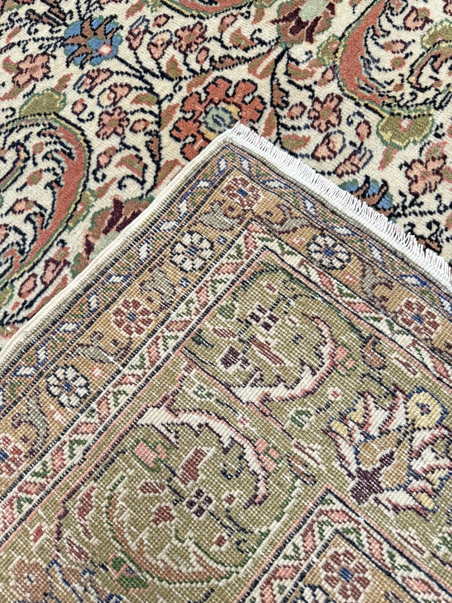 Vintage Turkish floral 8x11 rug with intricate allover design in ivory, terracotta, and gold tones, perfect for living room, bedroom, or dining room décor. Elegant yet versatile, this rug complements traditional, classic, and eclectic home styles. Handmade with timeless craftsmanship, it adds warmth and sophistication to any space. Available from the best rug shop in Burlingame, SF Bay Area with free shipping.