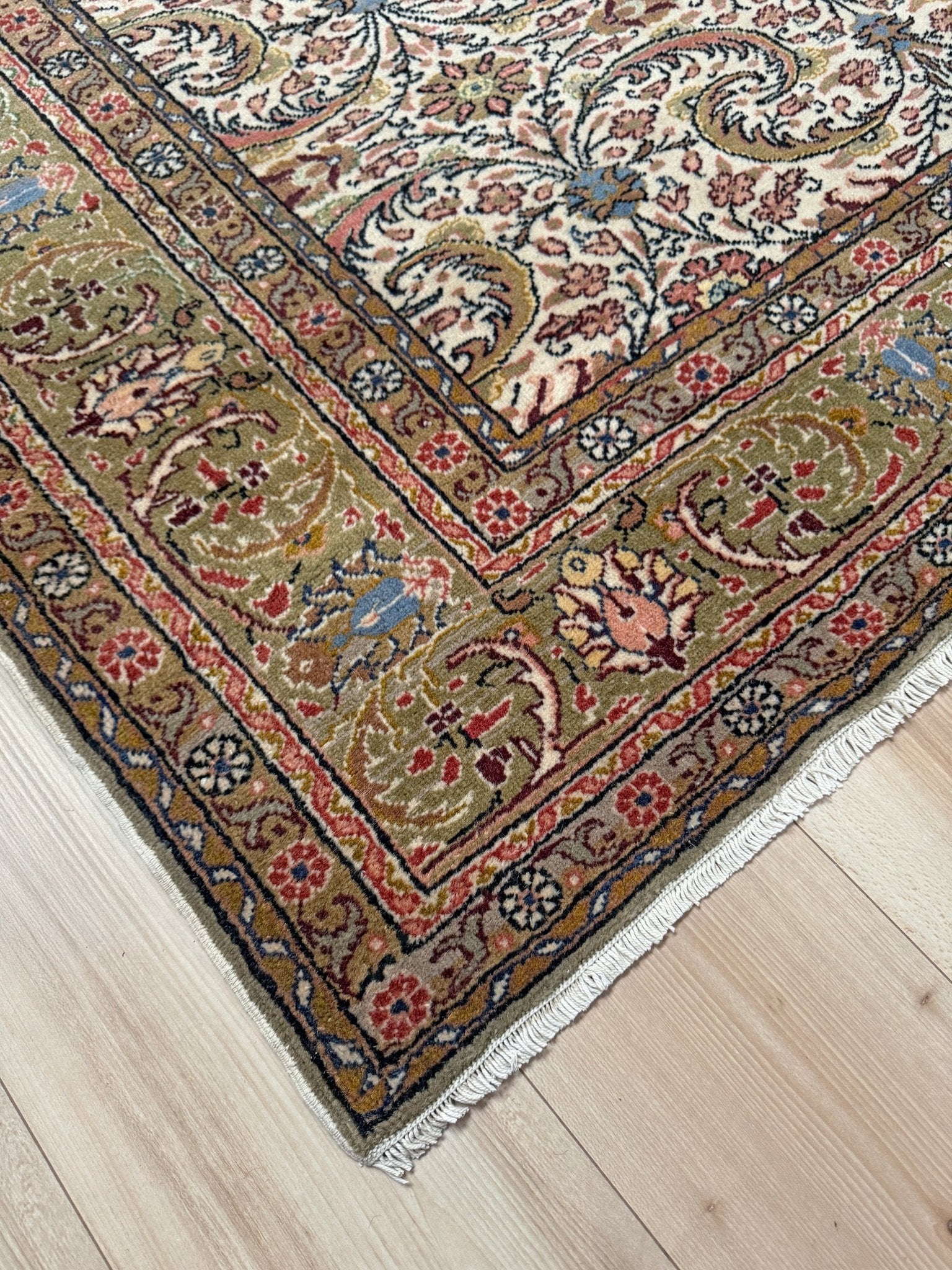 Vintage Turkish floral 8x11 rug with intricate allover design in ivory, terracotta, and gold tones, perfect for living room, bedroom, or dining room décor. Elegant yet versatile, this rug complements traditional, classic, and eclectic home styles. Handmade with timeless craftsmanship, it adds warmth and sophistication to any space. Available from the best rug shop in Burlingame, SF Bay Area with free shipping.
