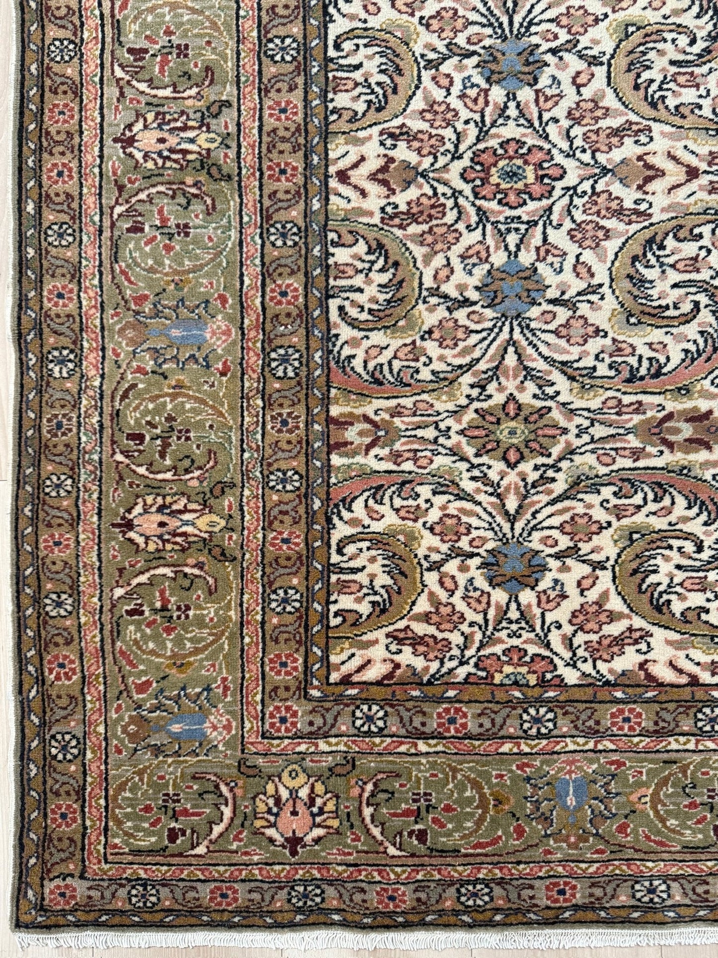 Vintage Turkish floral 8x11 rug with intricate allover design in ivory, terracotta, and gold tones, perfect for living room, bedroom, or dining room décor. Elegant yet versatile, this rug complements traditional, classic, and eclectic home styles. Handmade with timeless craftsmanship, it adds warmth and sophistication to any space. Available from the best rug shop in Burlingame, SF Bay Area with free shipping.