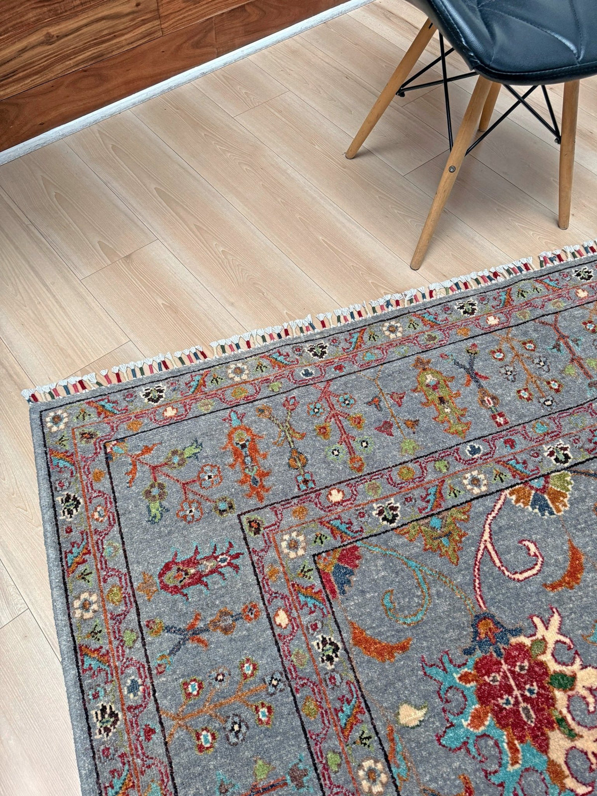 Blue gray Ziegler Turkish rug with floral accents, handmade wool 7x9 area rug from Indigo Rugs Burlingame Bay Area.