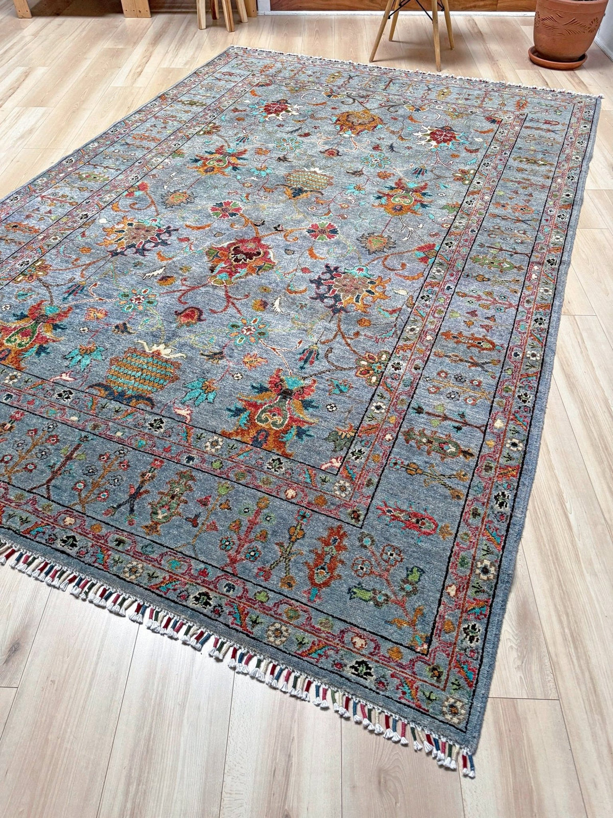 Blue gray Ziegler Turkish rug with floral accents, handmade wool 7x9 area rug from Indigo Rugs Burlingame Bay Area.