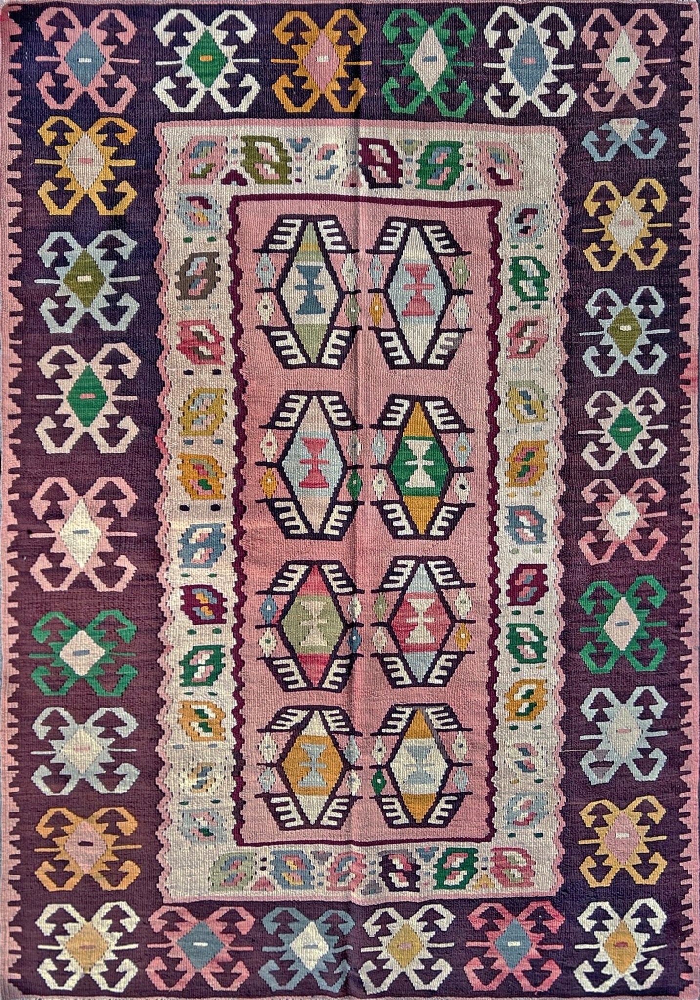 5x7 pink Colorful handmade kilim rug shop san francisco bay area. Buy wool flatweave geometric design rug. 