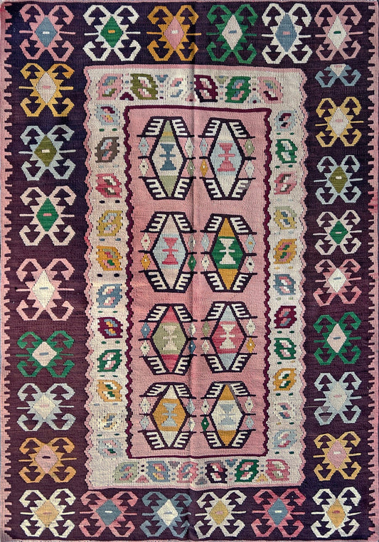 5x7 pink Colorful handmade kilim rug shop san francisco bay area. Buy wool flatweave geometric design rug. 