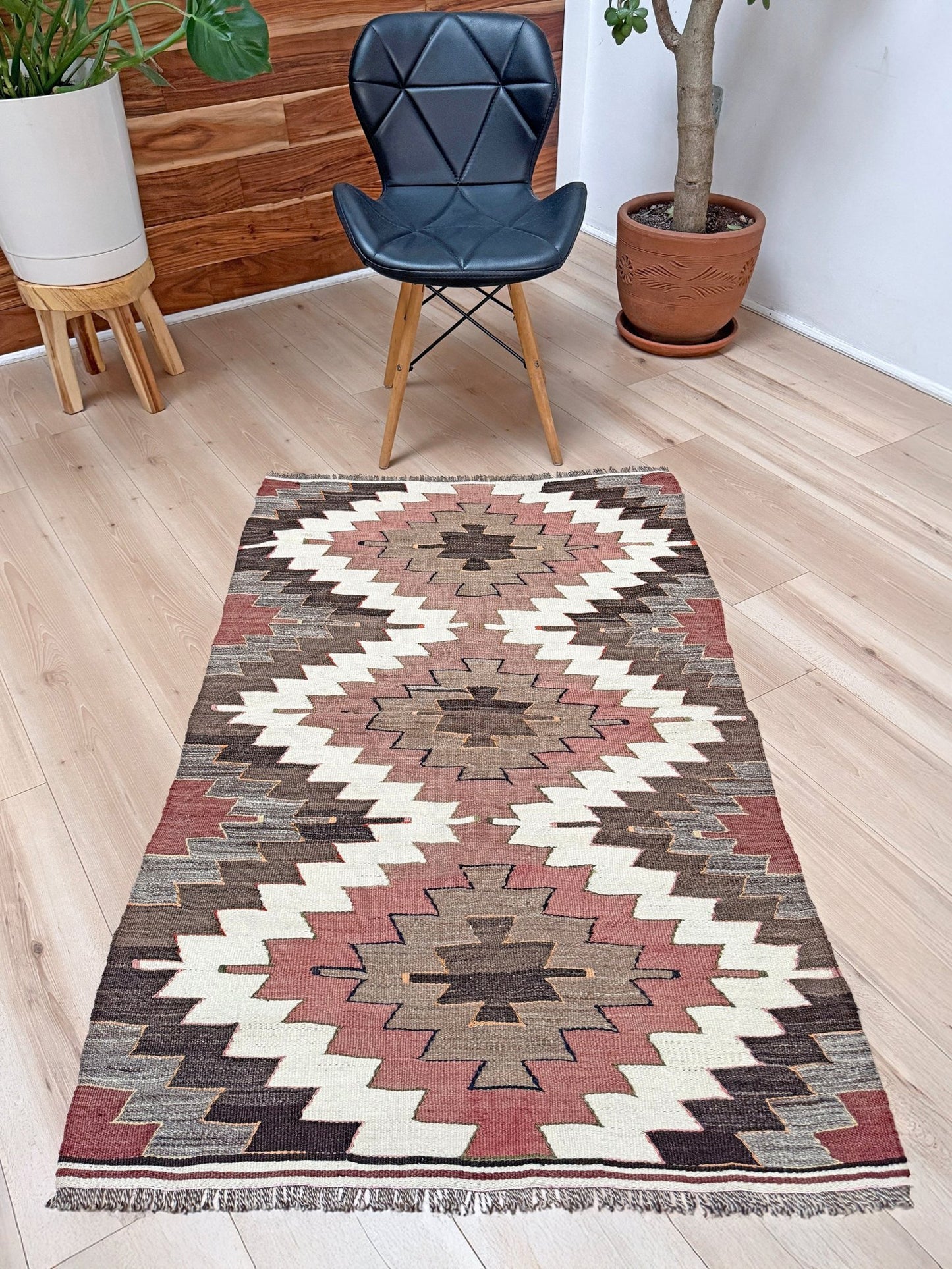 3x5  Mut kilim rug with Navajo-style diamond medallions in dusty rose, taupe, and chocolate brown — handmade Turkish flatweave from 1970s, available at Indigo Rugs, Burlingame / San Francisco Bay Area.”