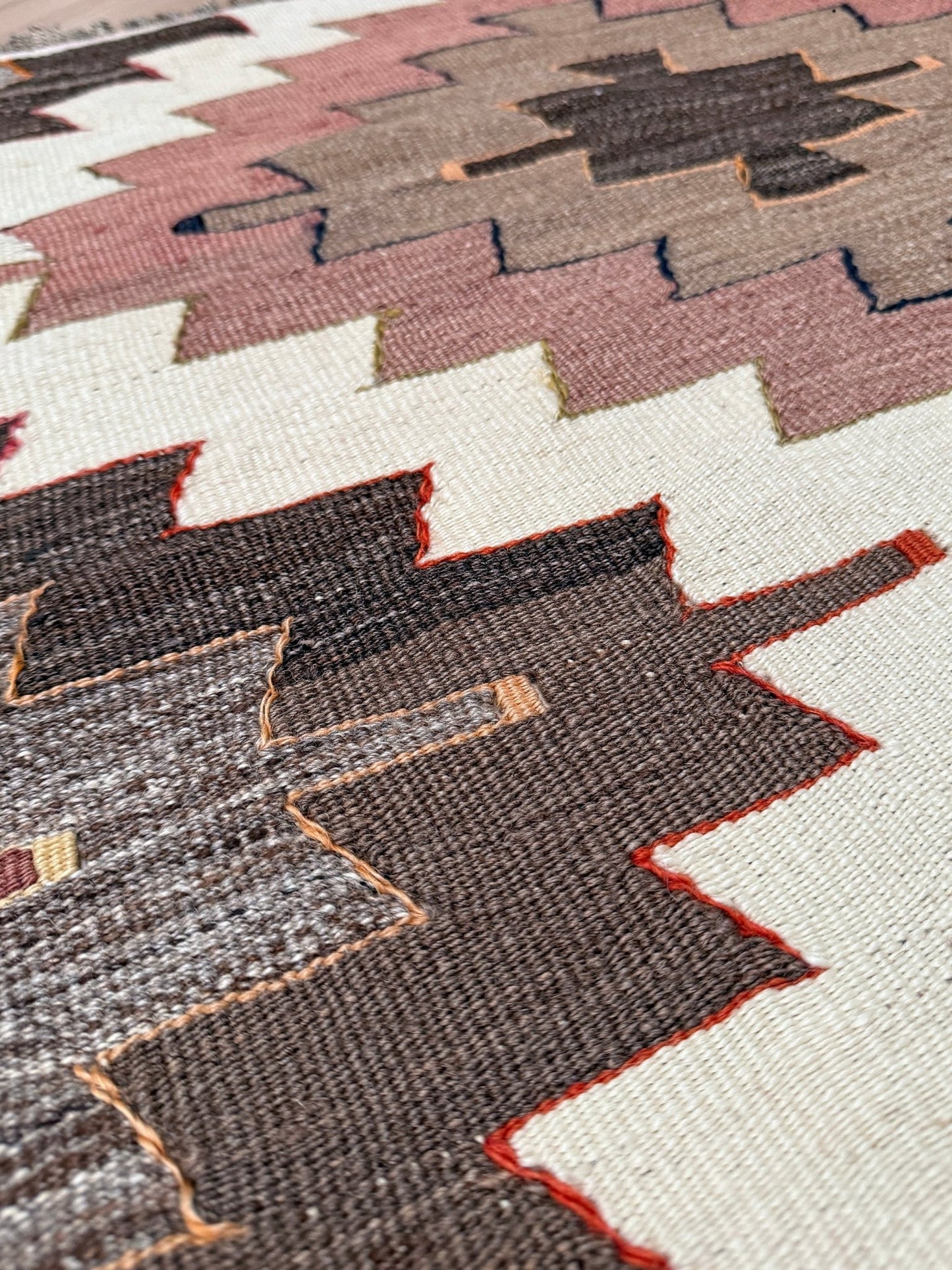 3x5  Mut kilim rug with Navajo-style diamond medallions in dusty rose, taupe, and chocolate brown — handmade Turkish flatweave, available at Indigo Rugs, Burlingame / San Francisco Bay Area.”