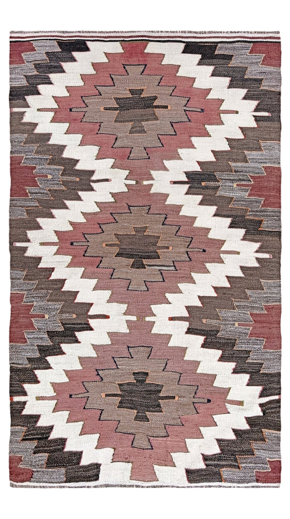 3x5  Mut kilim rug with Navajo-style diamond medallions in dusty rose, taupe, and chocolate brown — handmade Turkish flatweave, available at Indigo Rugs, Burlingame / San Francisco Bay Area.”