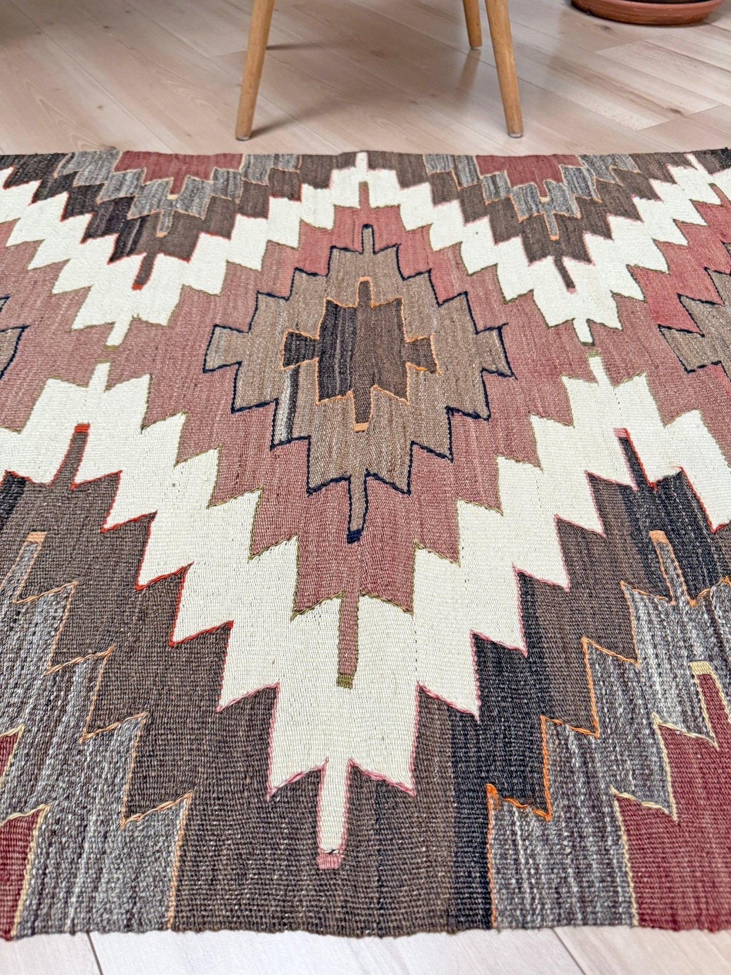 3x5  Mut kilim rug with Navajo-style diamond medallions in dusty rose, taupe, and chocolate brown — handmade Turkish flatweave, available at Indigo Rugs, Burlingame / San Francisco Bay Area.”