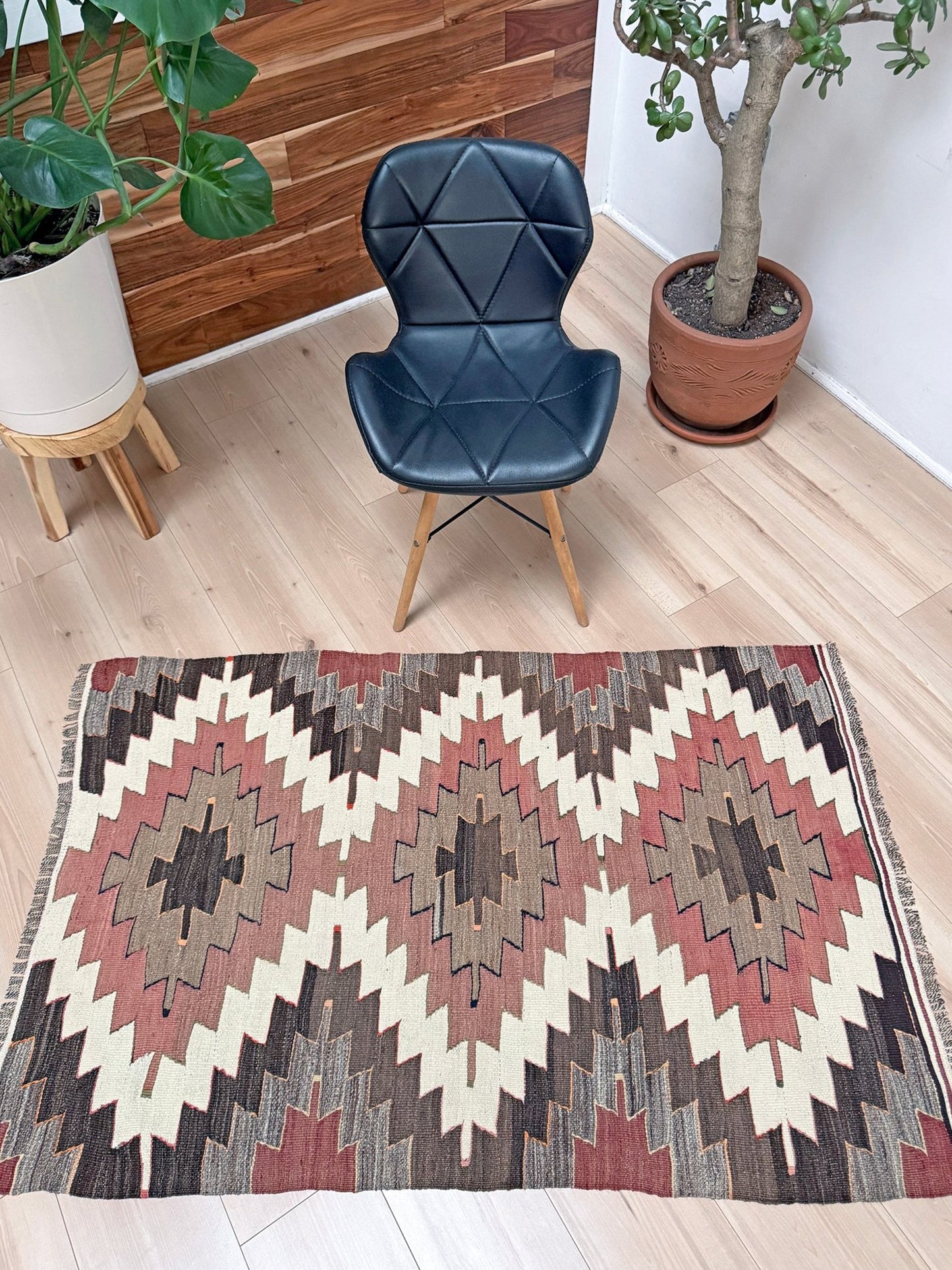 3x5  Mut kilim rug with Navajo-style diamond medallions in dusty rose, taupe, and chocolate brown — handmade Turkish flatweave, available at Indigo Rugs, Burlingame / San Francisco Bay Area.”