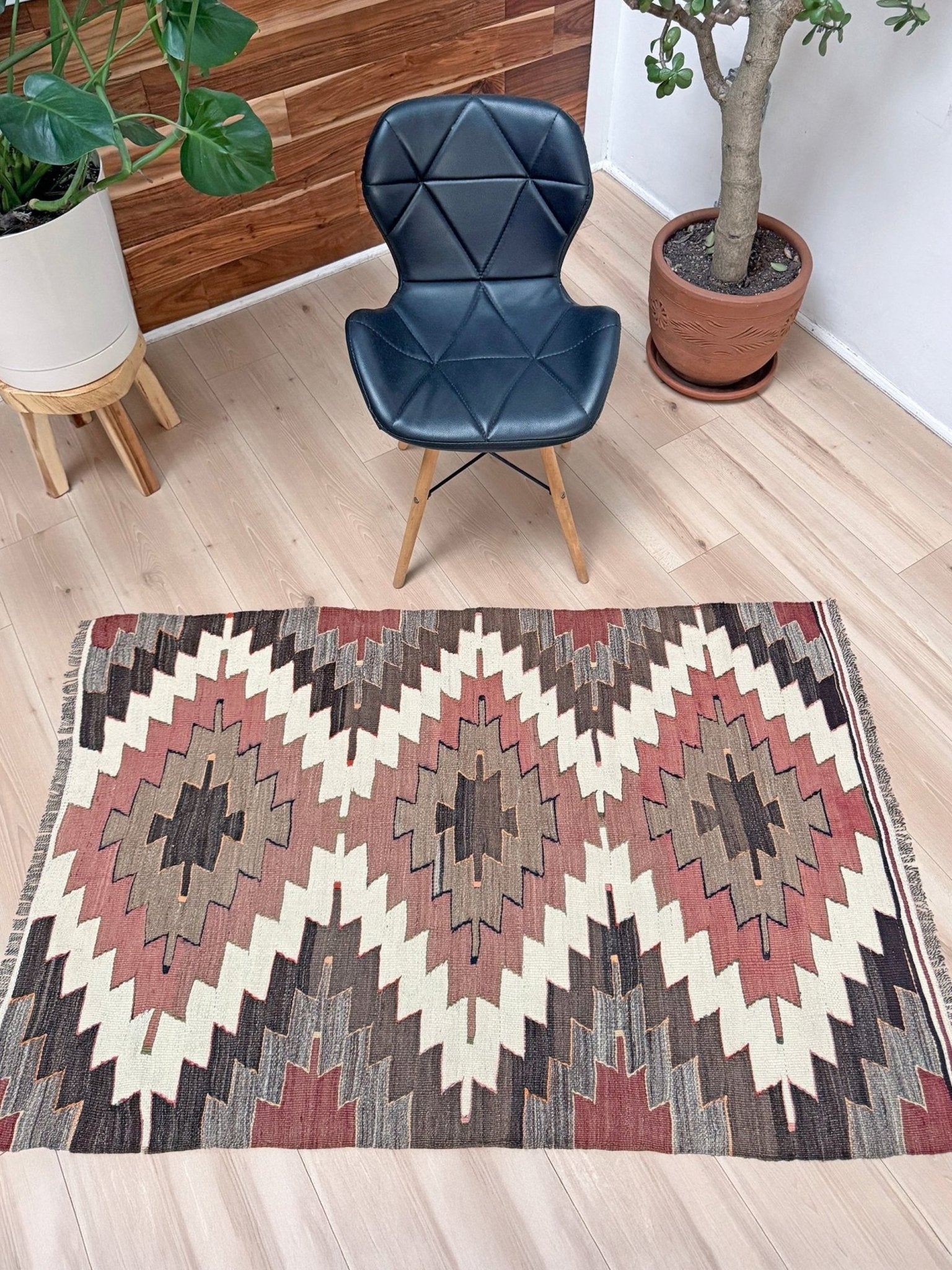 3x5  Mut kilim rug with Navajo-style diamond medallions in dusty rose, taupe, and chocolate brown — handmade Turkish flatweave, available at Indigo Rugs, Burlingame / San Francisco Bay Area.”