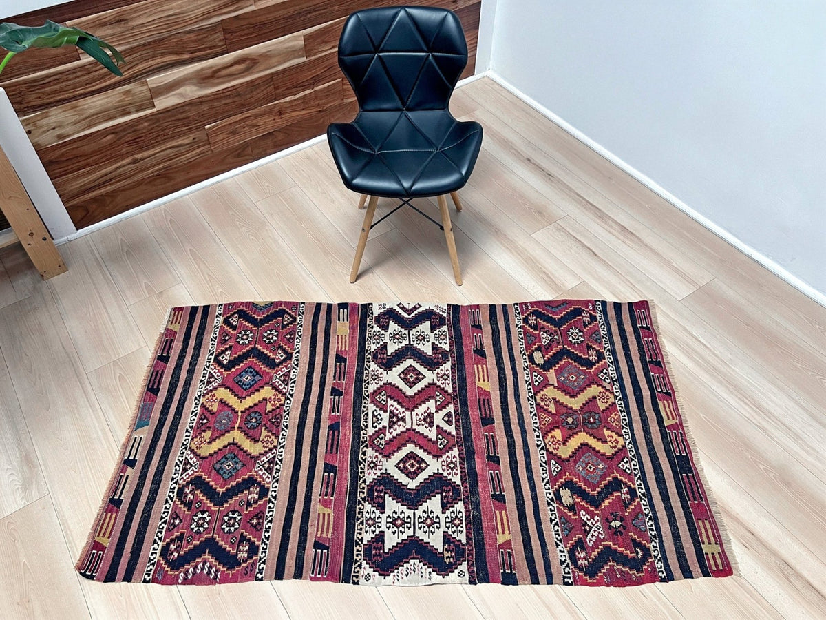 3x5 Antique Malatya Turkish kilim  rug in madder red, mustard, and indigo blue with tribal motifs — handmade wool rug from the 1930s, available at Indigo Rugs, the best rug shop in San Francisco Bay Area, Burlingame CA.