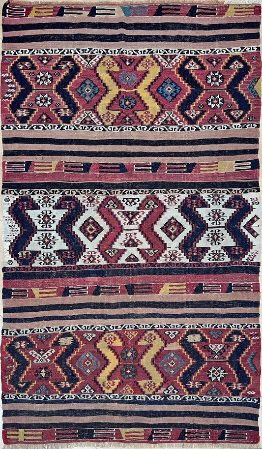 3x5 Antique Malatya Turkish kilim flatweave rug in madder red, mustard, and indigo with tribal motifs — handmade wool rug from the 1930s, available at Indigo Rugs, the best rug shop in San Francisco Bay Area, Burlingame CA.