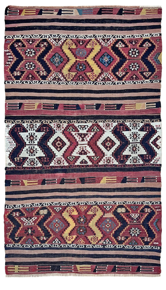 3x5 Antique Malatya Turkish kilim  rug in madder red, mustard, and indigo blue with tribal motifs — handmade wool rug from the 1930s, available at Indigo Rugs, the best rug shop in San Francisco Bay Area, Burlingame CA.