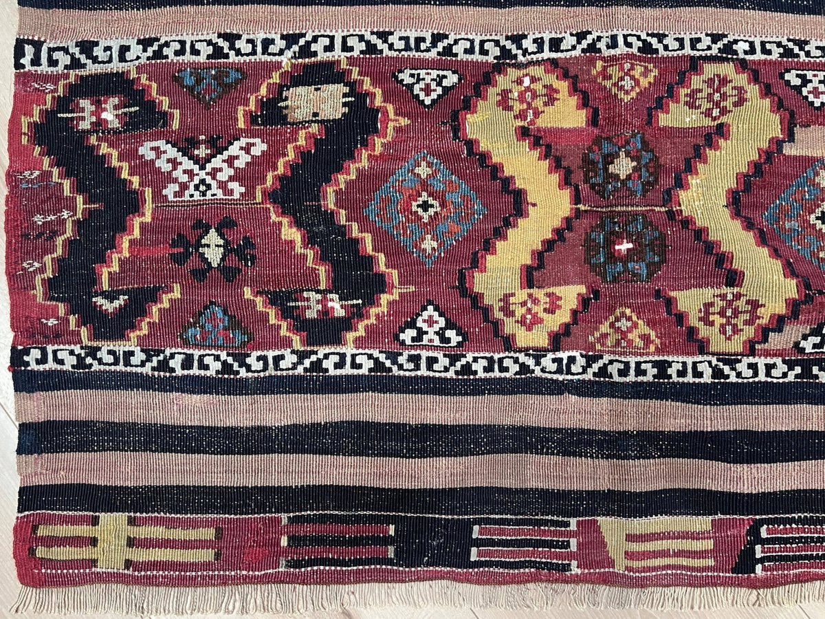 3x5 Antique Malatya Turkish kilim  rug in madder red, mustard, and indigo blue with tribal motifs — handmade wool rug from the 1930s, available at Indigo Rugs, the best rug shop in San Francisco Bay Area, Burlingame CA.